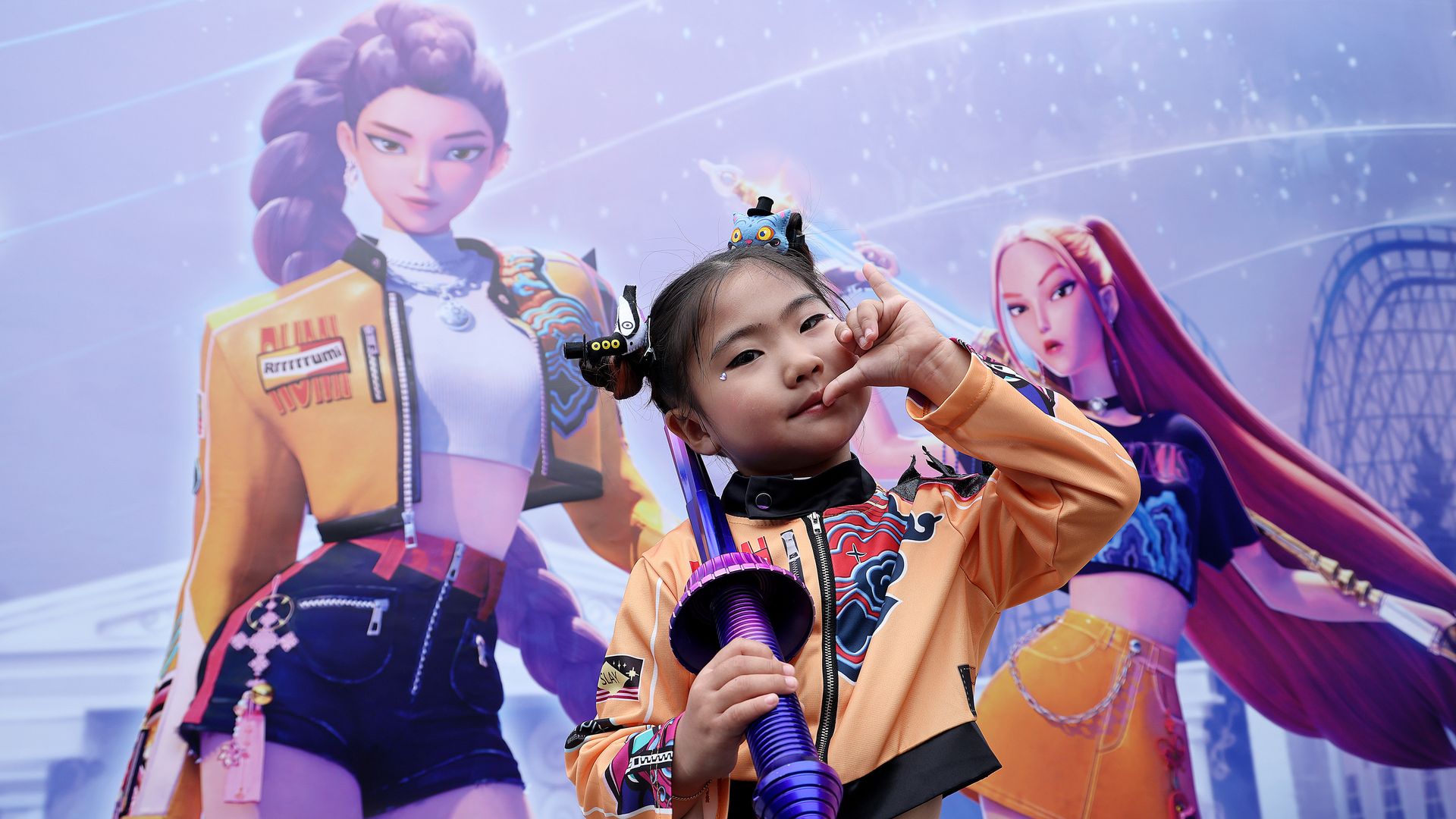  SEPTEMBER 30: A model wearing a costume based on the charecter Rumi poses for photographs at the KPop Demon Hunters themed zone at Everland on September 30, 2025 in Yongin, South Korea.