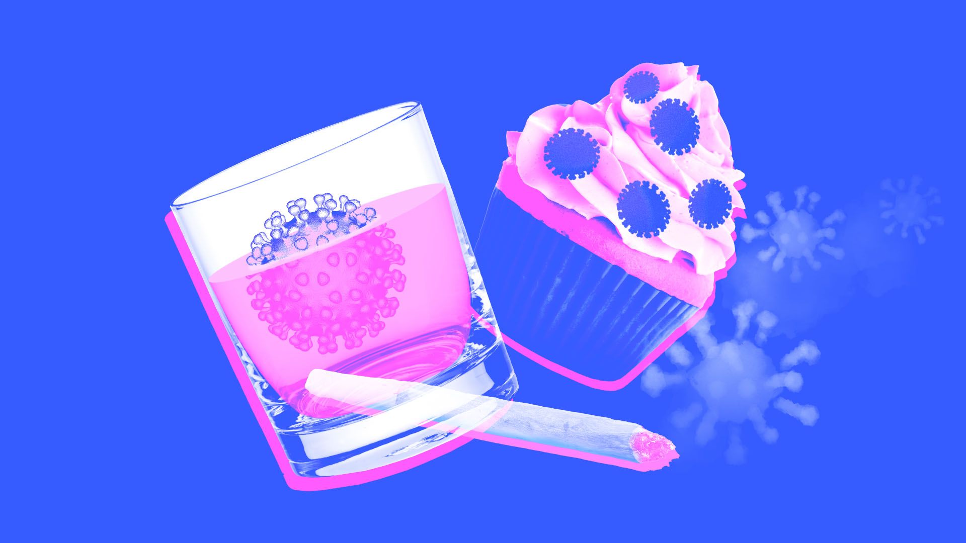 Illustration of a glass of alcohol with a virus-shaped ice cube, a cupcake with virus-shaped sprinkles, and a joint with virus-shaped smoke