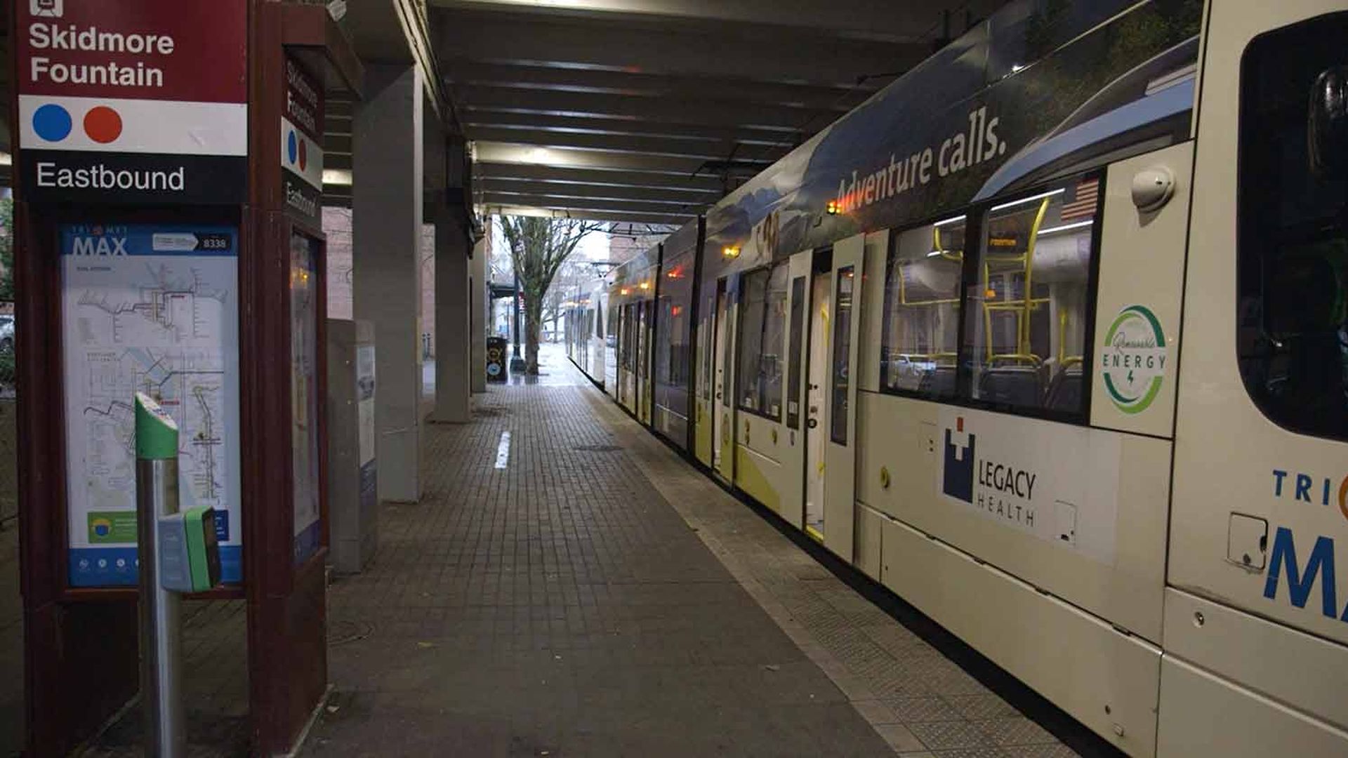 A TriMet MAX train at the Skidmore Fountain stop in downtown Portland