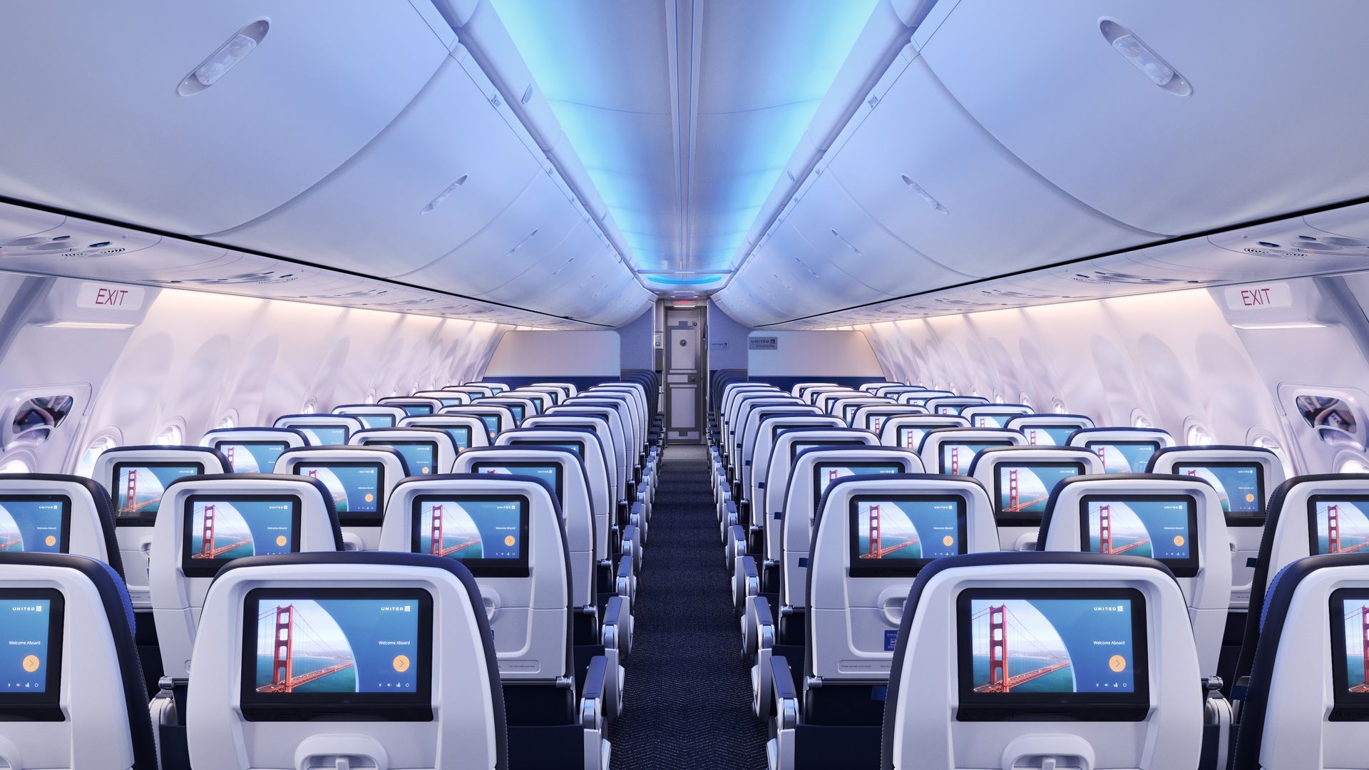 Interior image of United Airlines' new larger jets, part of a post-pandemic growth strategy. 