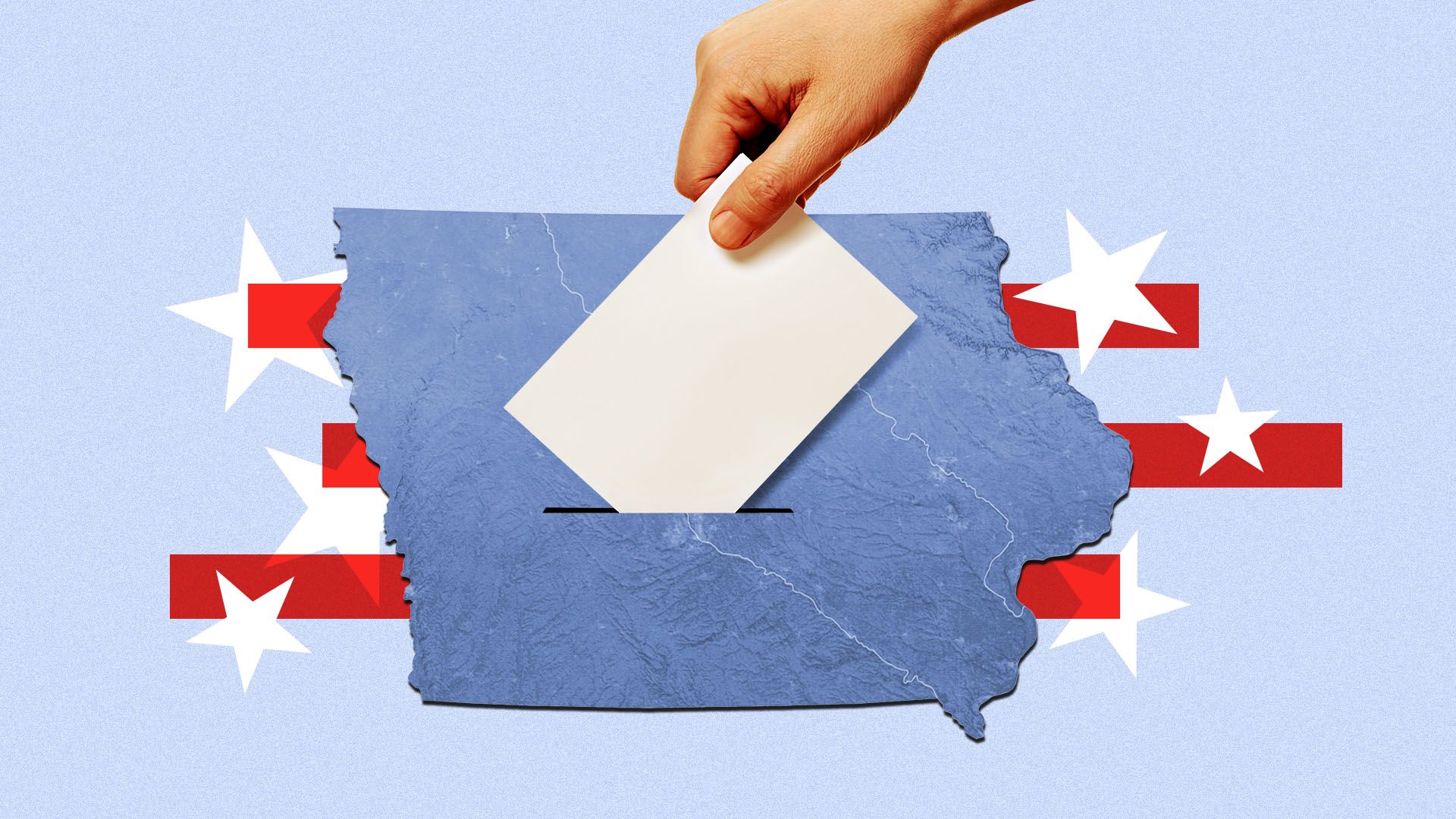 Illustration of the state of Iowa with a hand submitting a ballot and stars and stripes