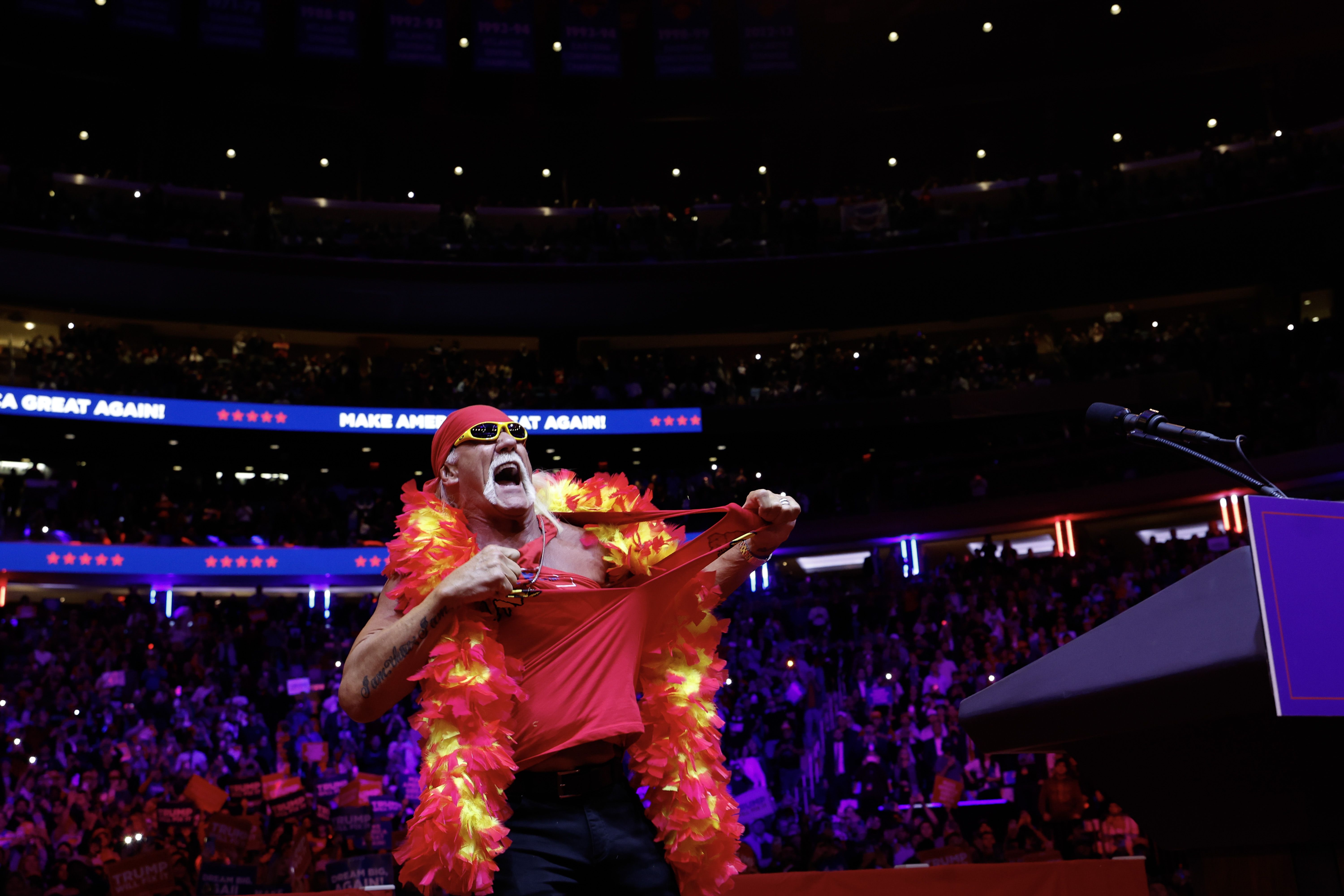 Hulk Hogan takes the stage during a campaign rally for Republican presidential nominee, former U.S. President Donald Trump at Madison Square Garden.