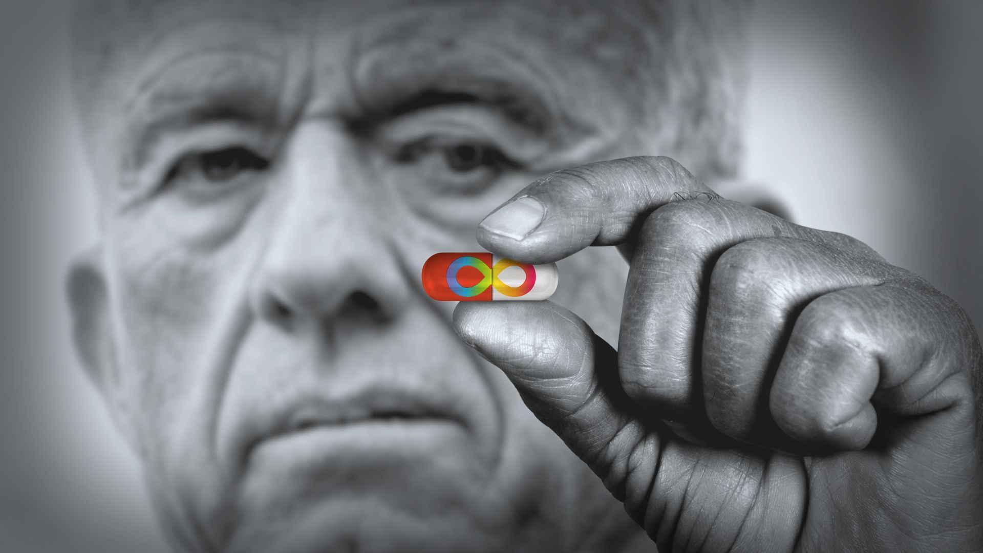 Illustration of RFK Jr. holding a pill with a rainbow infinity symbol on it.