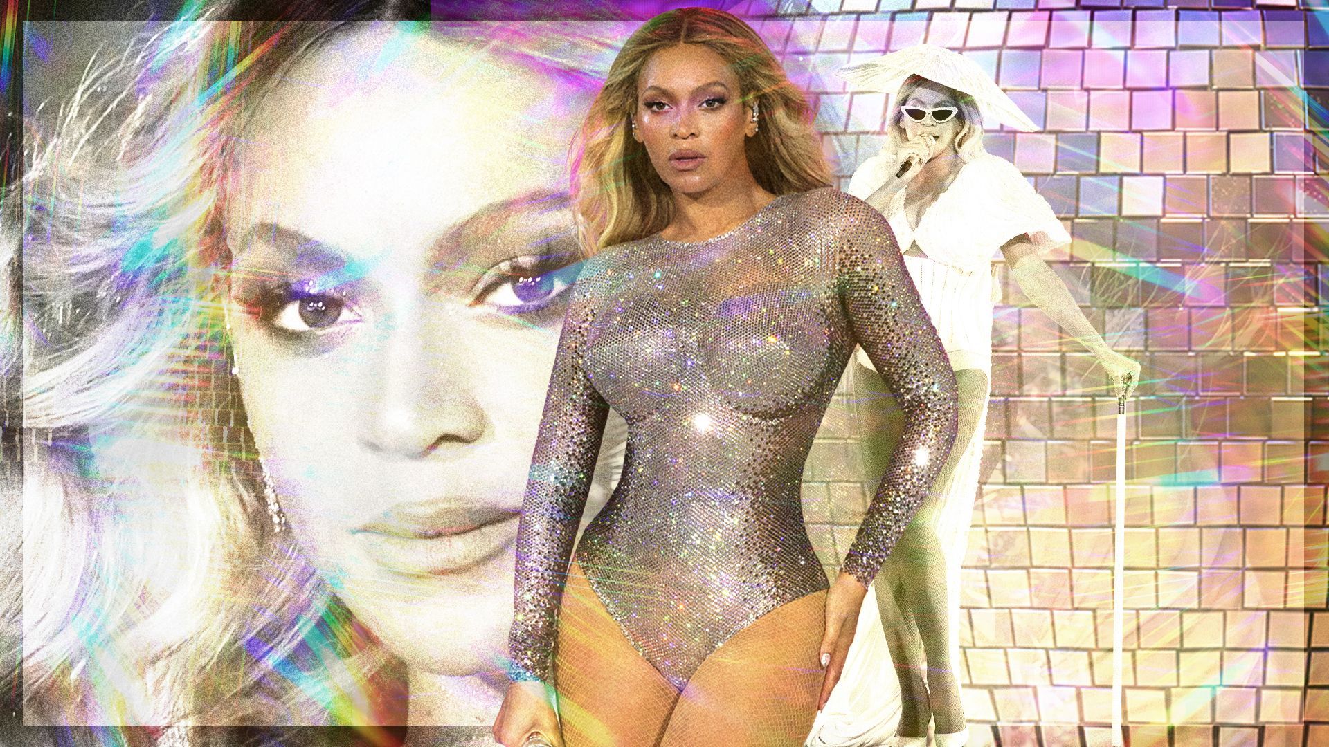 Photo Illustration of Beyonce photos from the Renaissance tour layered atop disco ball imagery