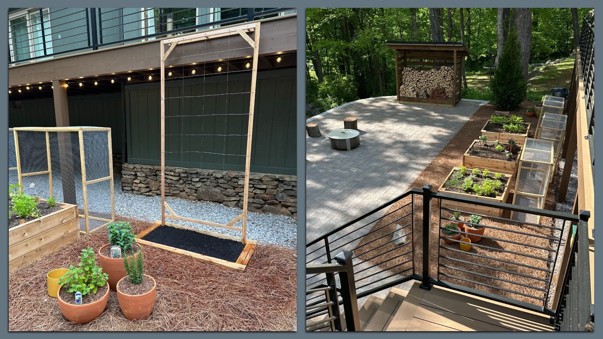 Split-screen of two backyards: left shows a wooden trellis with string lights, chicken-wire fencing, and potted plants; right features a paved patio, a woodpile shed, raised beds, and stairs.