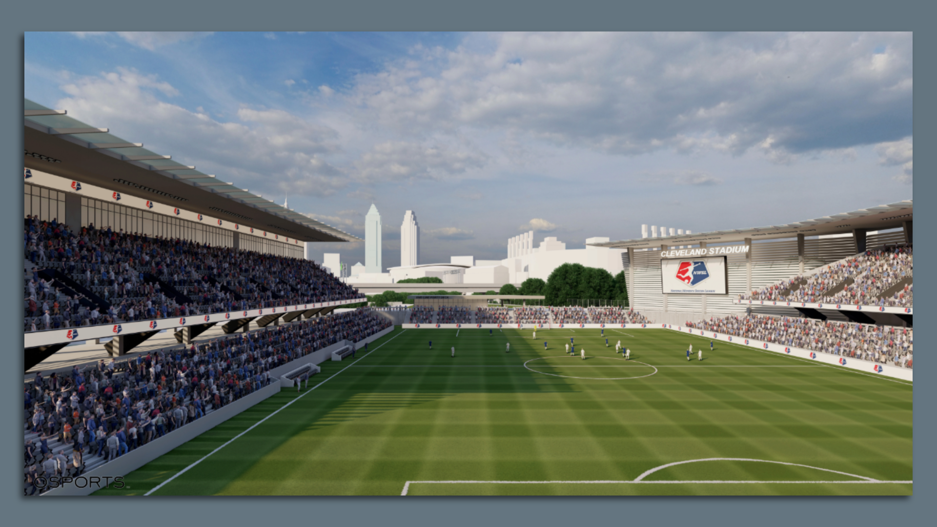 Rendering of soccer stadium with city skyline in background