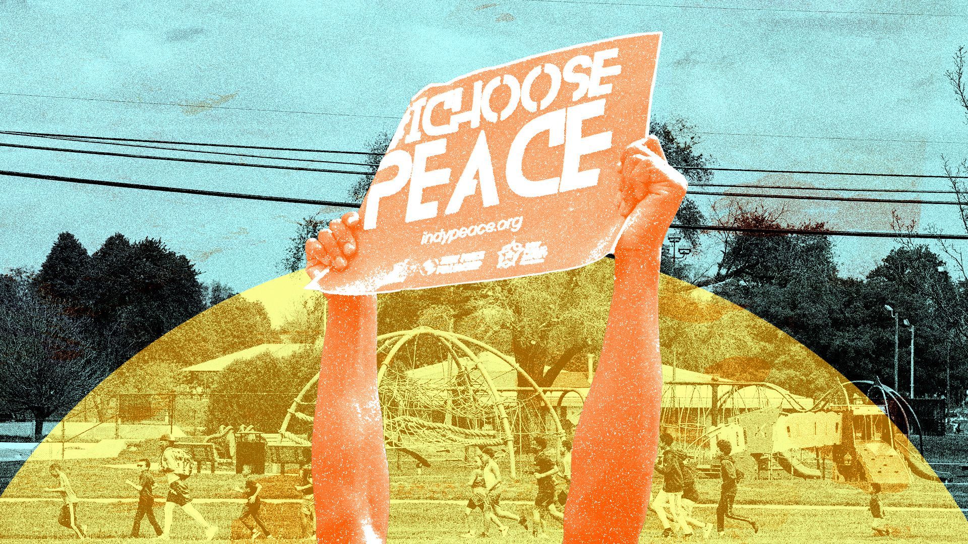 Photo illustration of a sign reading "I Choose Peace" with children and Kareem Hines running in the background.