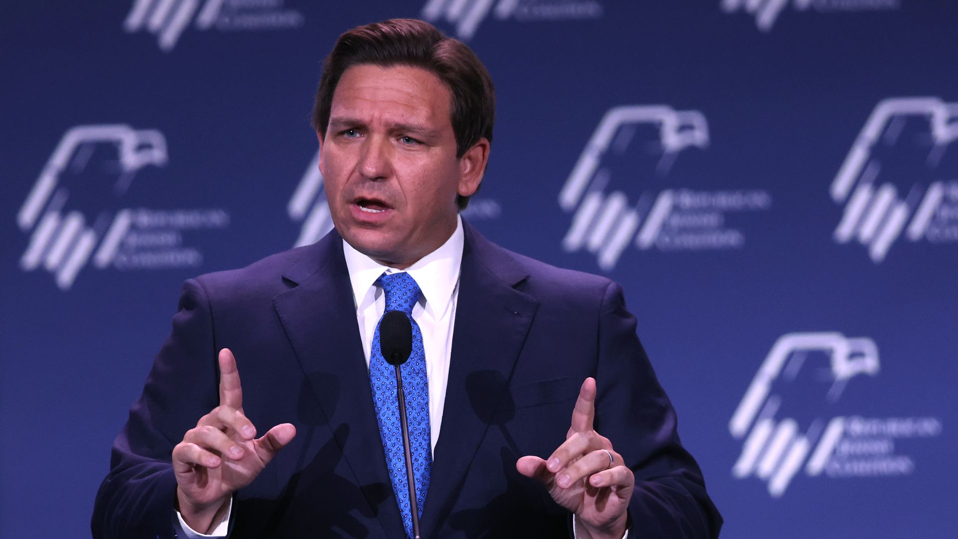 Florida Governor Ron DeSantis speaks to guests in Las Vegas.