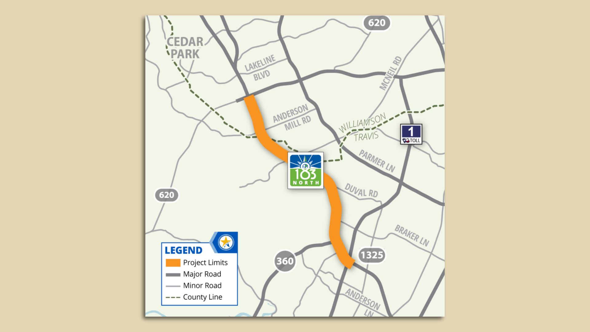 A map of a highway that's getting improvements in Austin.