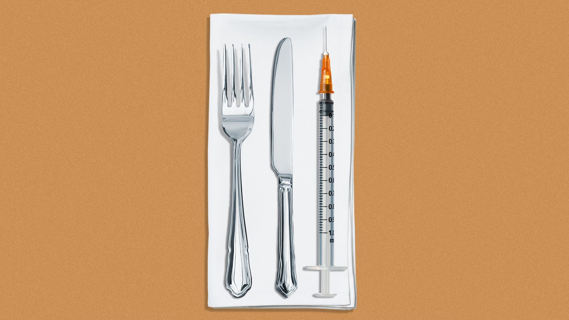 Illustration of a fork, knife and syringe on a napkin.