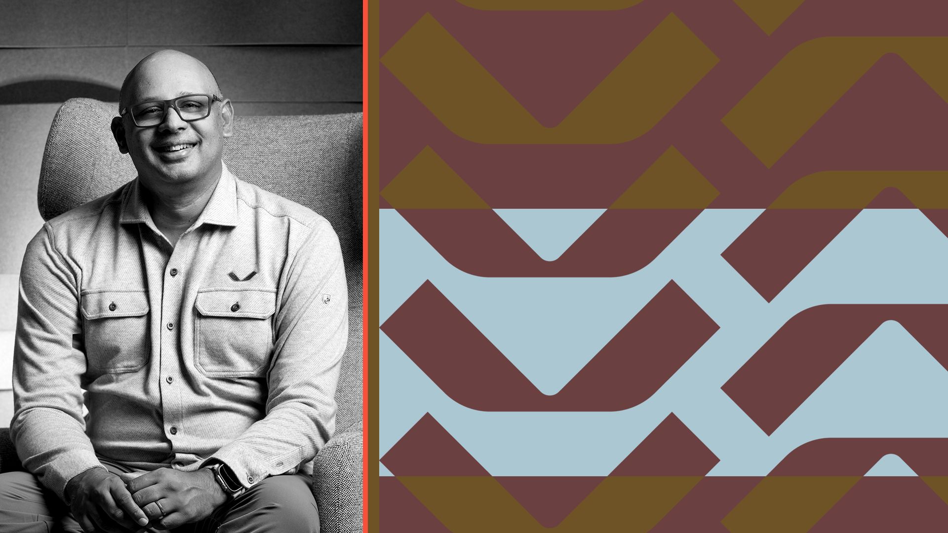 Photo illustration of Anand Eswaran collaged with the Veeam logo.