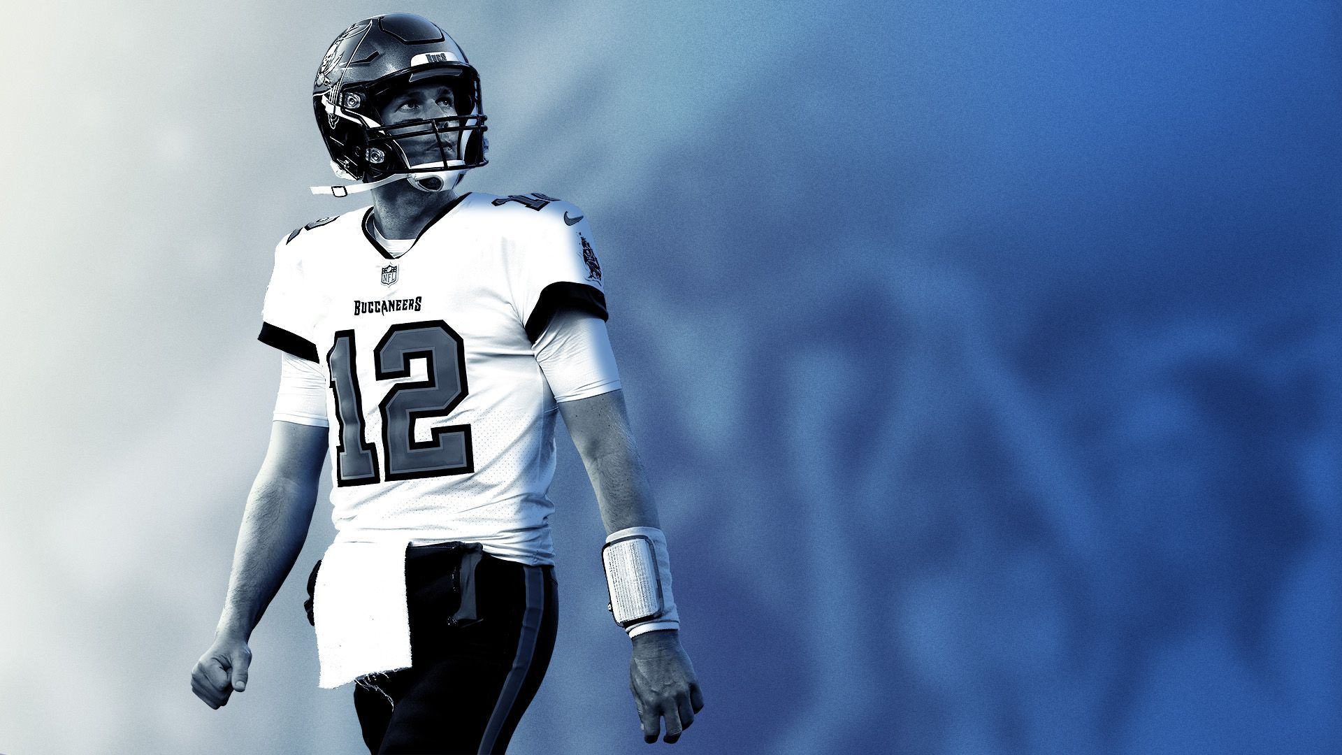 Photo illustration of Tom Brady with a blurred stadium crowd behind him