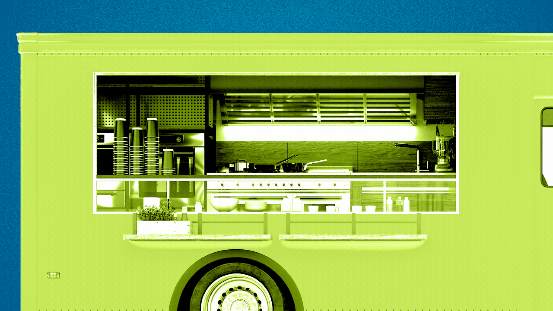 Illustration of a food truck with its grate closing, and a no-sign on the grate. 
