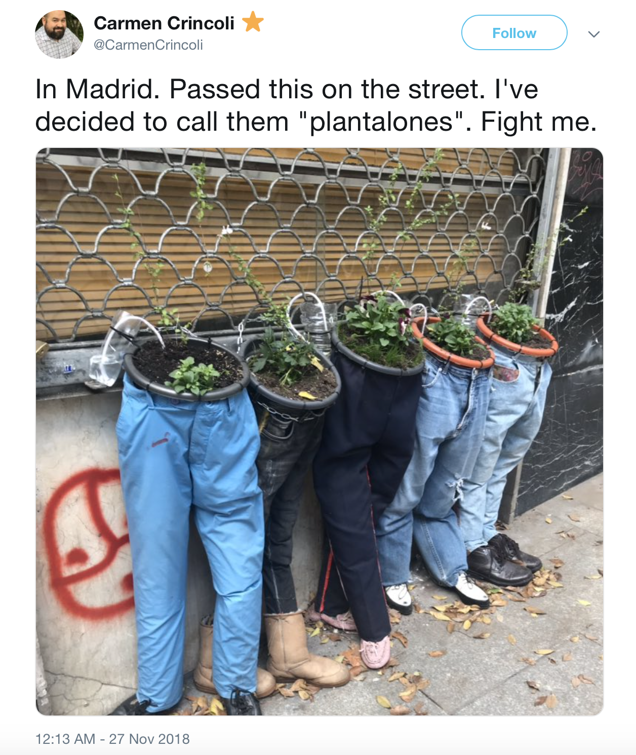a tweet about old jeans turned into planters.