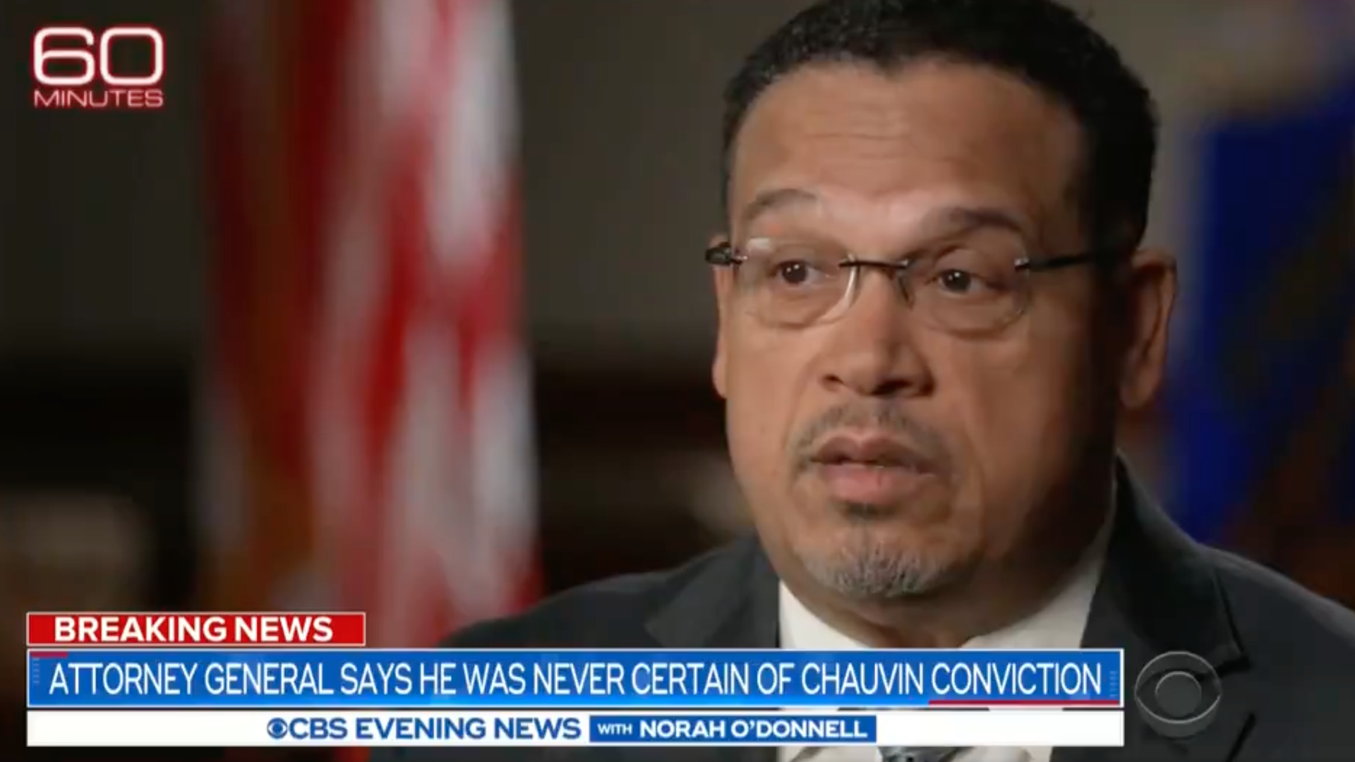 A screenshot of Minnesota Attorney General Keith Ellison being interviewed on "60 Minutes."