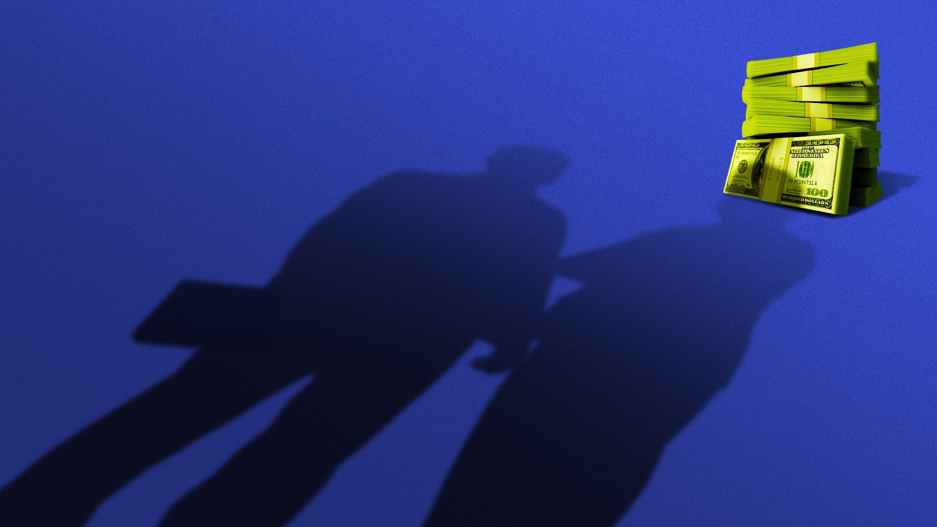 Illustration of the shadows of two people looming over a stack of money