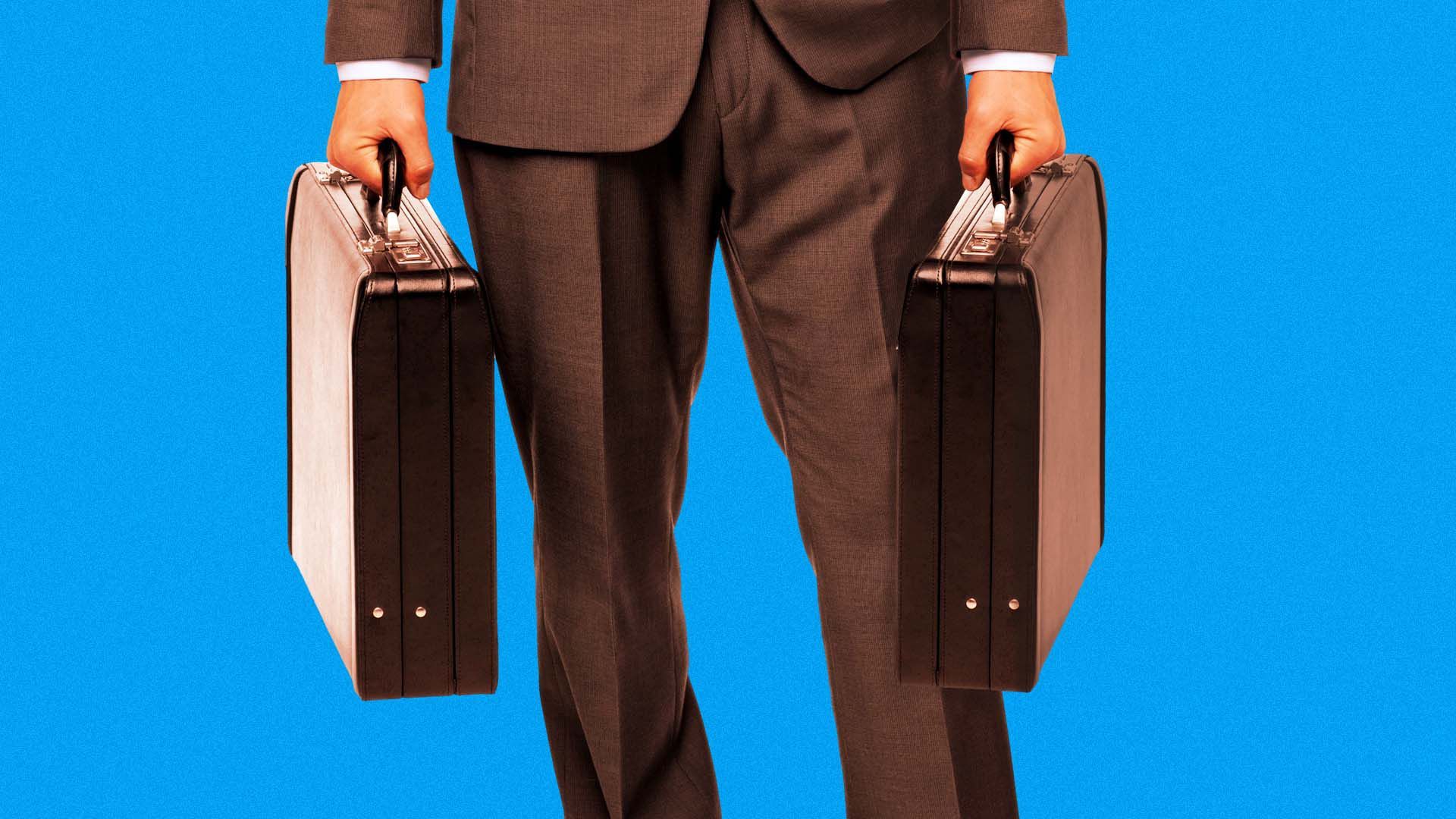 Illustration of a business man holding two briefcases