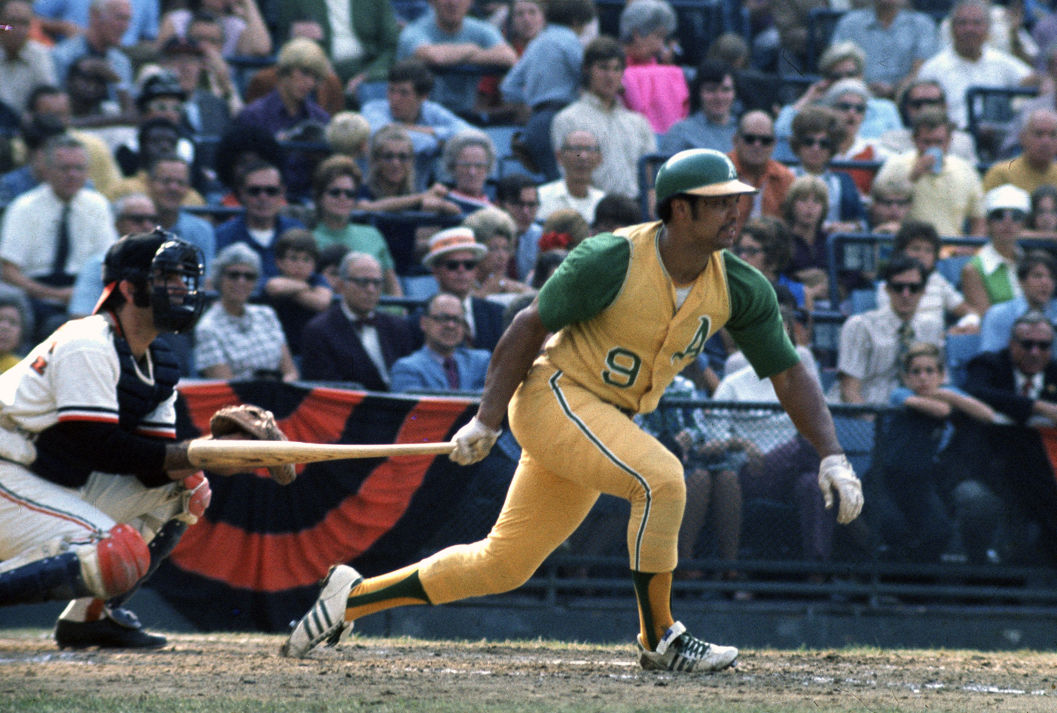 Reggie Jackson, wearing #9 of the Oakland Athletics, bats against the Baltimore Orioles during an MLB game circa 1969 at Memorial Stadium in Baltimore, Md. Photo: Focus on Sport/Getty Images