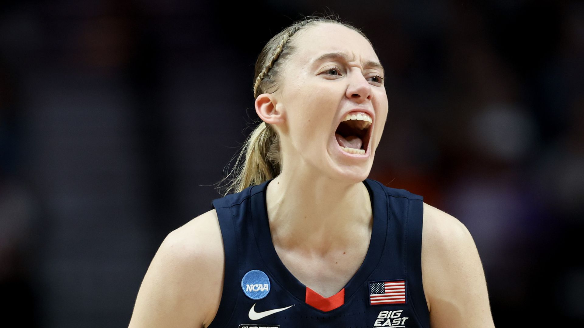 Paige Bueckers yells during a game 
