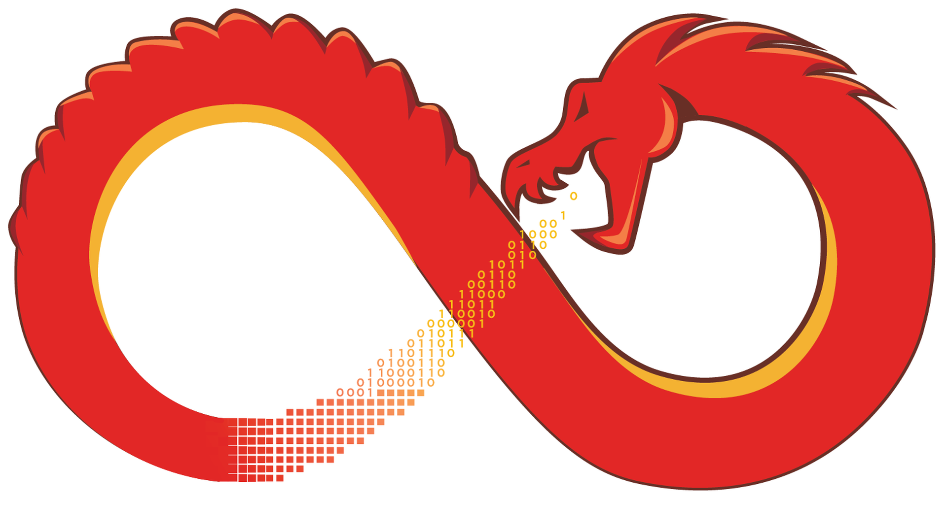 Illustration of a dragon in a figure 8, breathing fire that is also binary code.