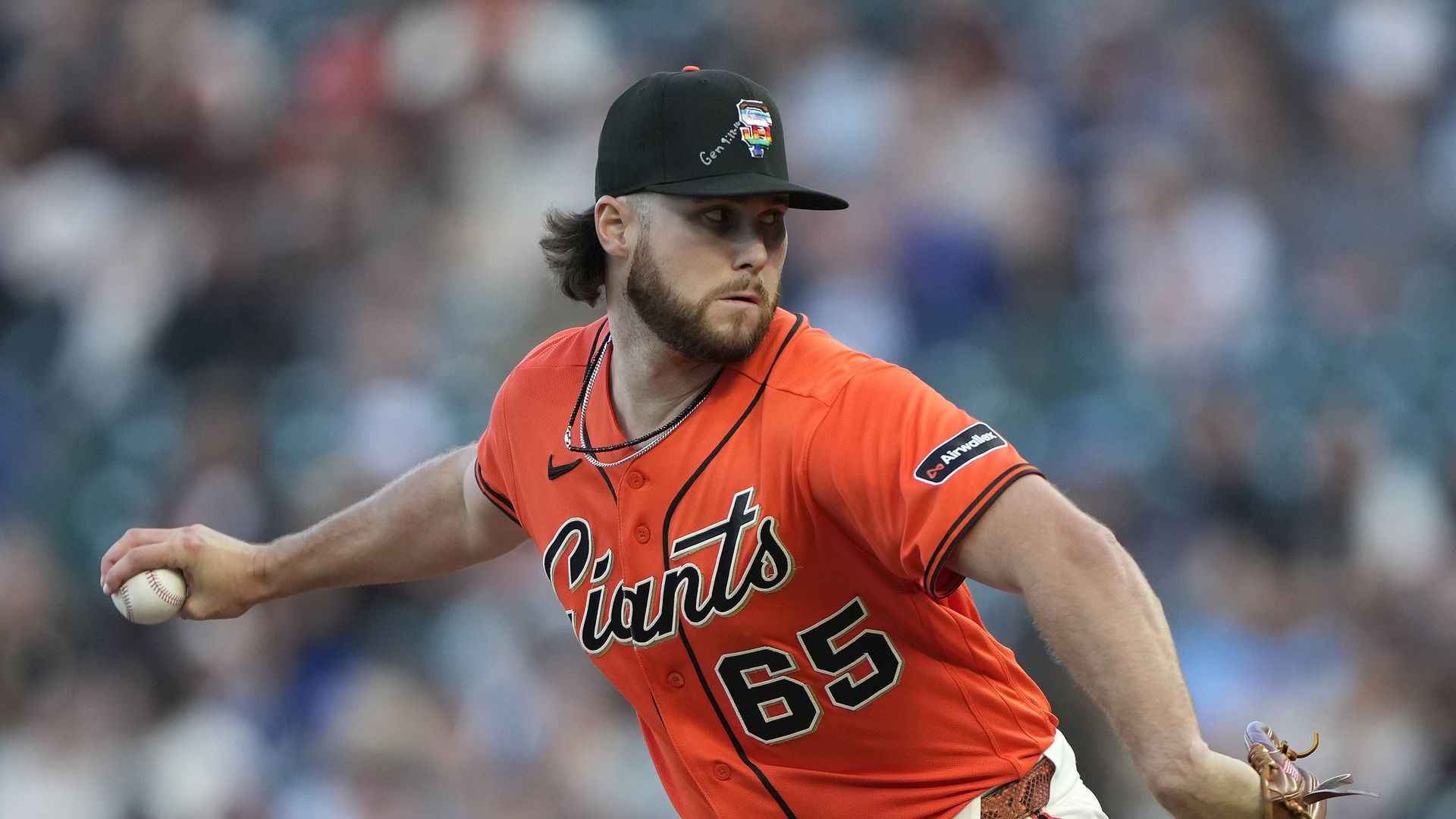 Landen Roupp #65 pitches against the Chicago Cubs  at Oracle Park on June 12. Photo: Thearon W. Henderson/Getty Images