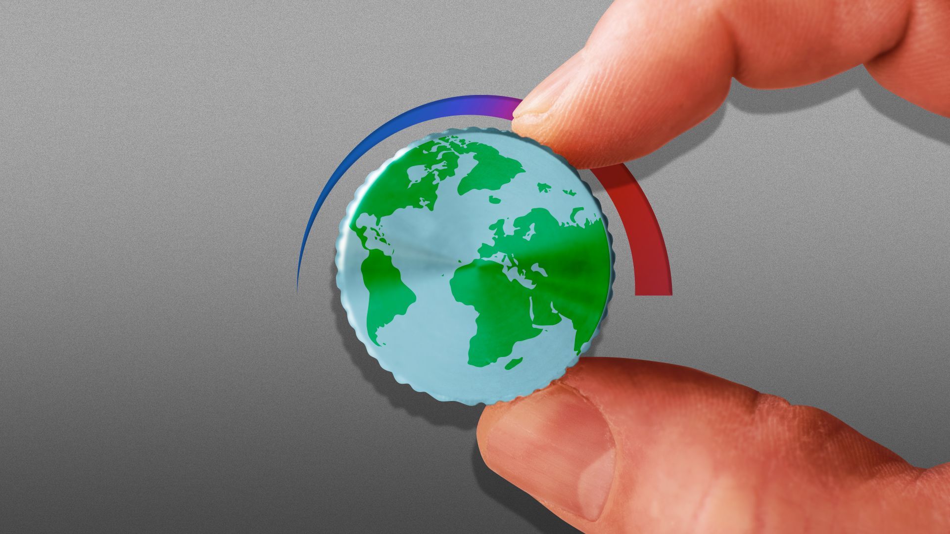 Illustration of fingers turning a knob with a superimposed Earth on the front, up towards a higher heat. 