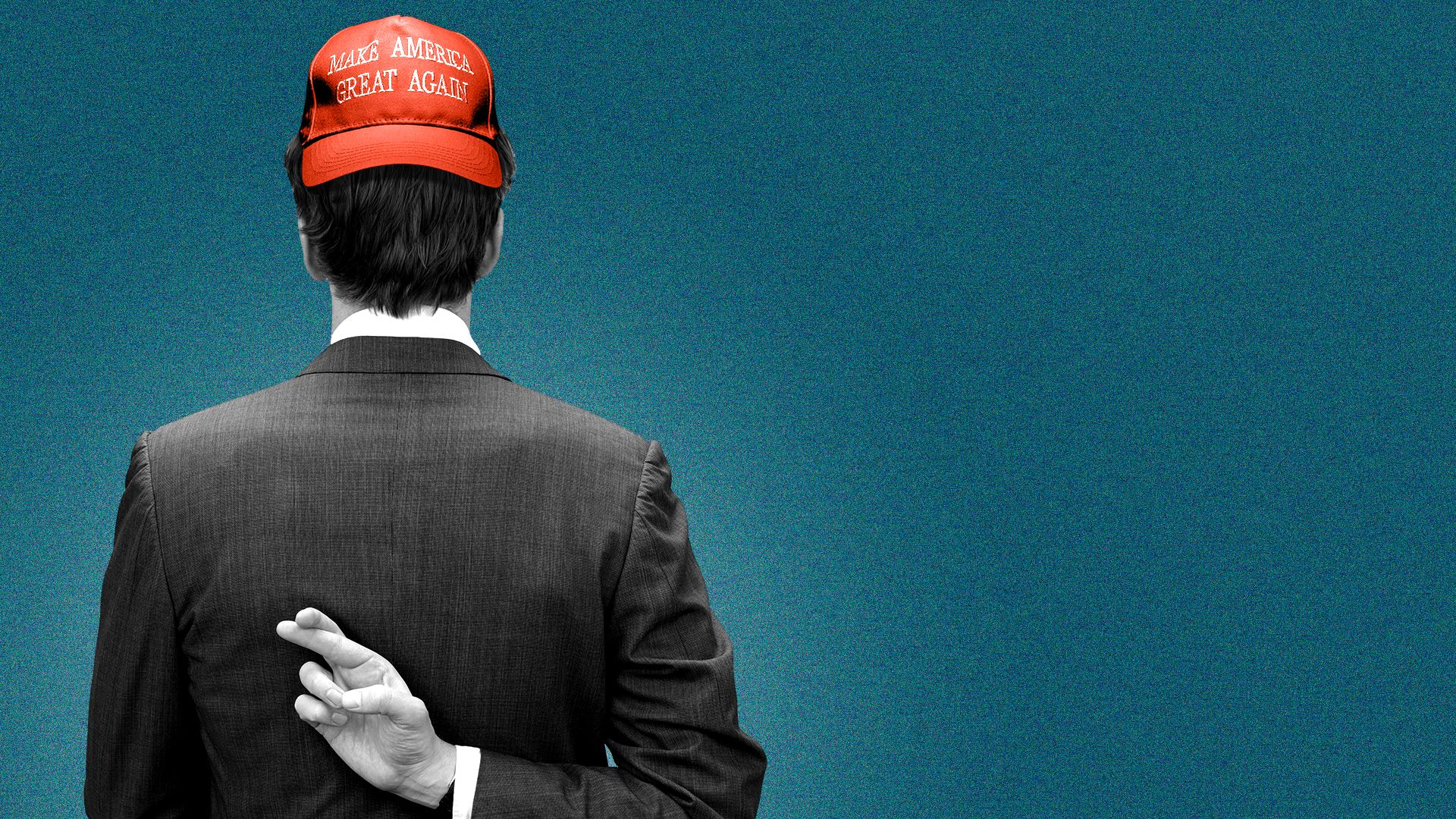 Illustration of a man in a suit and a MAGA hat with his back to the viewer, holding his hand behind his back and crossing his fingers.