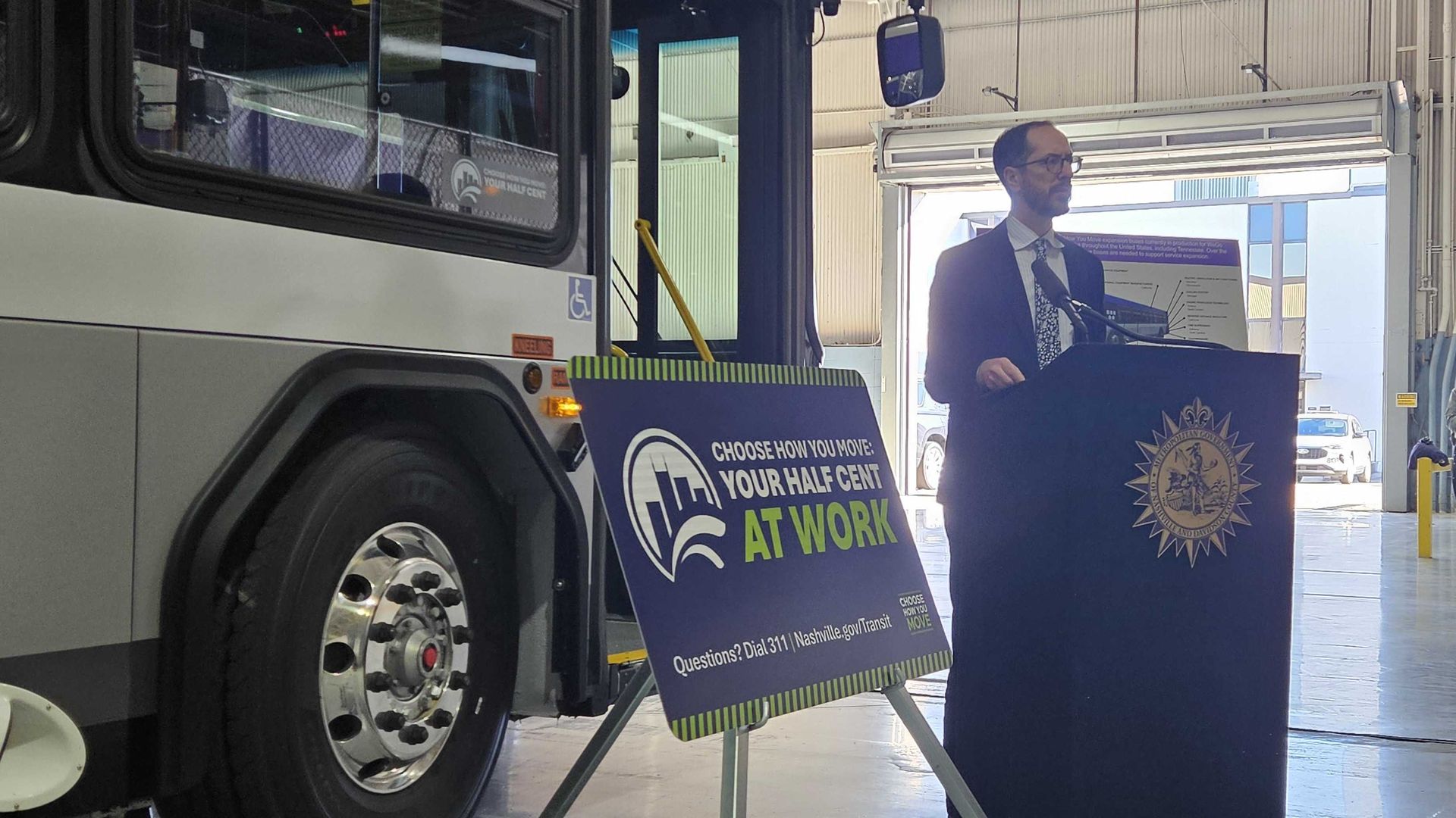 Mayor Freddie O'Connell talks up the new buses and route expansions at the WeGo headquarters. 