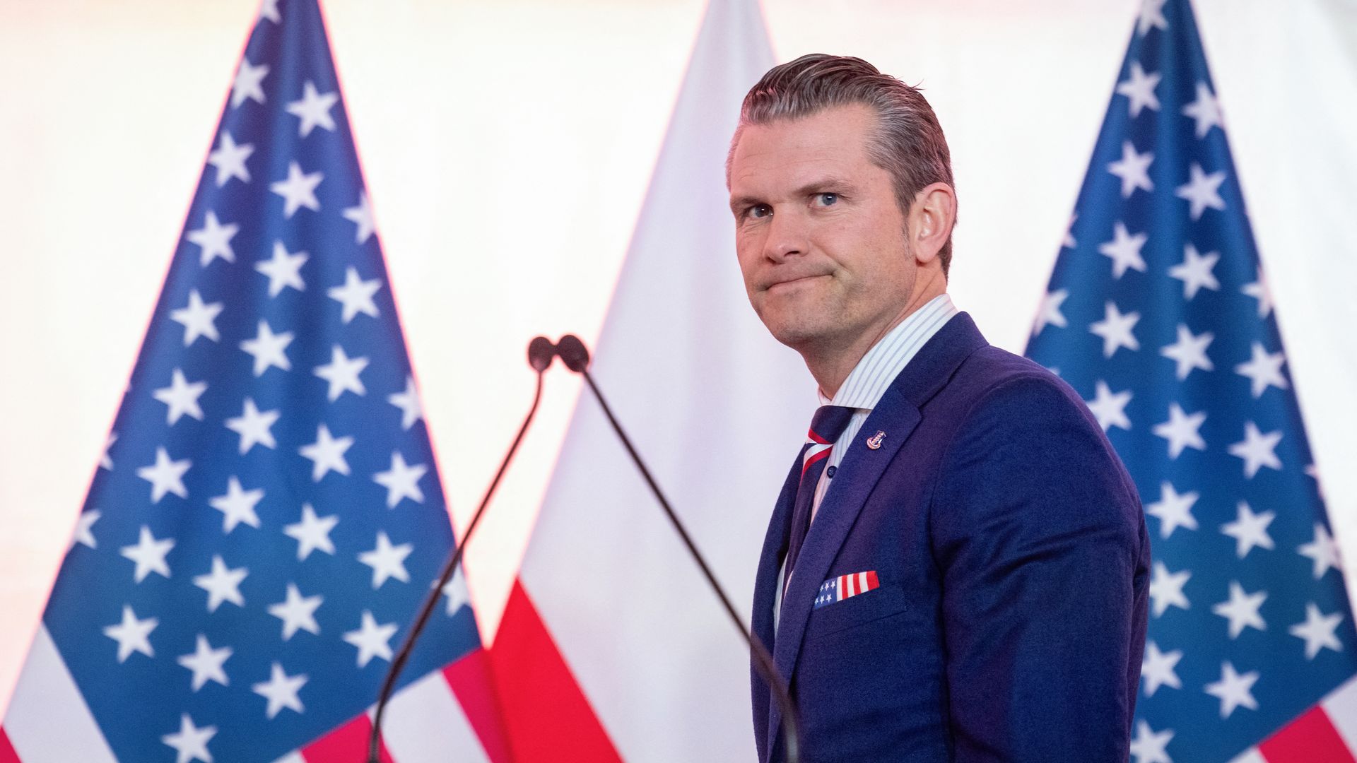 Defence Secretary Pete Hegseth arrives for a press conference at the Ministry of Defence headquarters in Warsaw on February 14, 2025.