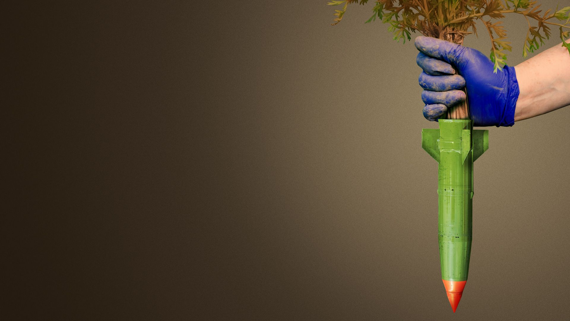 Illustration of a hand pulling a wilting carrot in the shape of a missile 