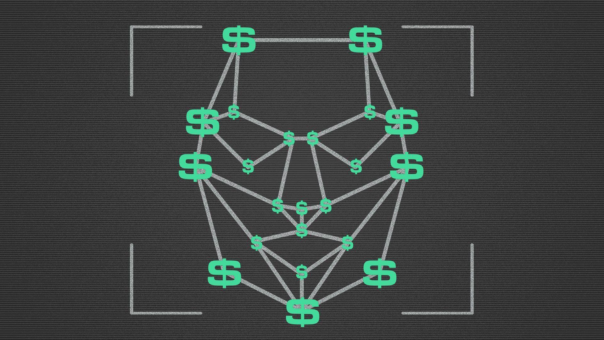 Illustration of a facial recognition grid with dollar signs at the points. 