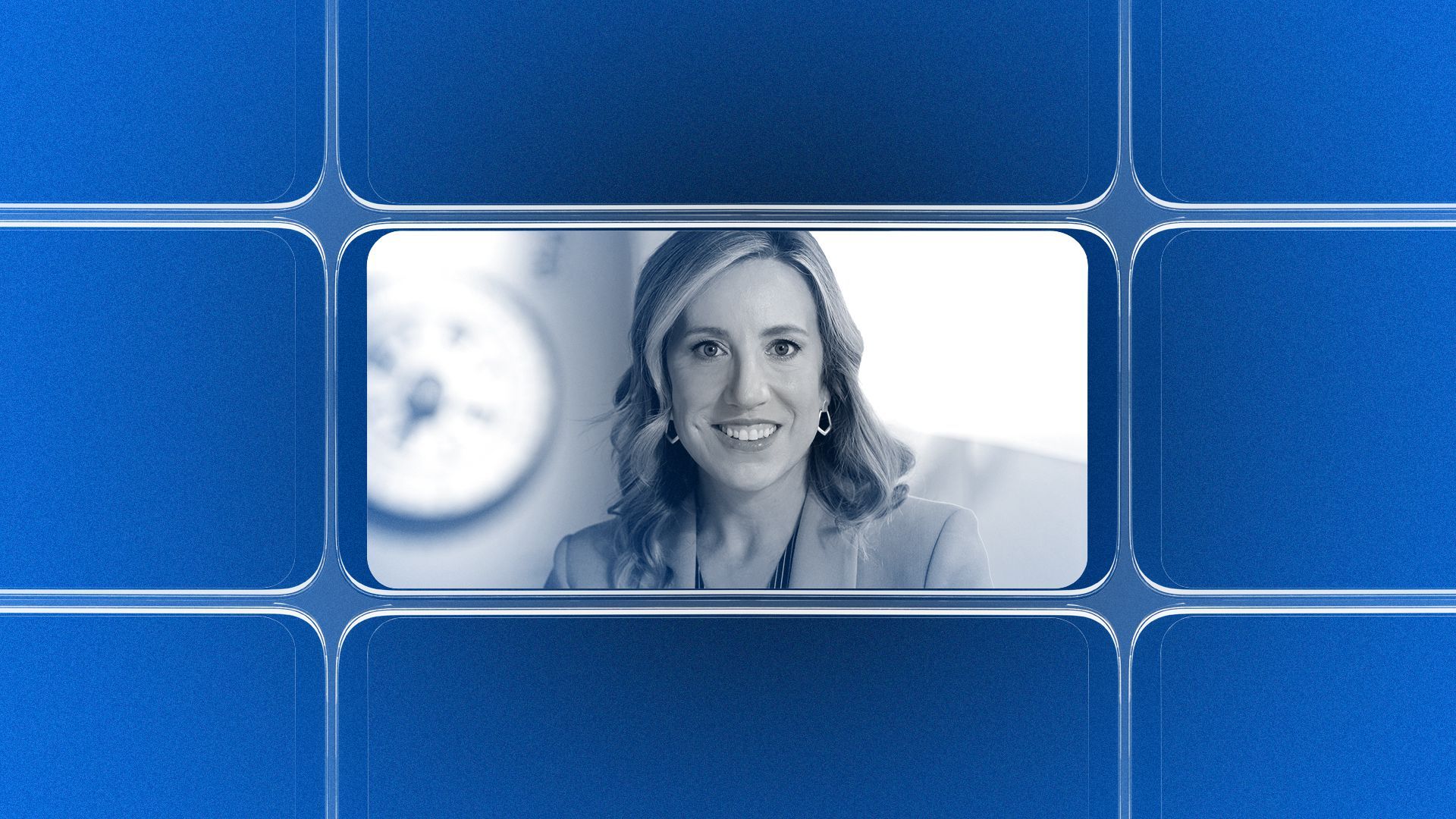 Photo illustration of a grid of smartphone screens, with the center one showing an image of Kristi Piehl.