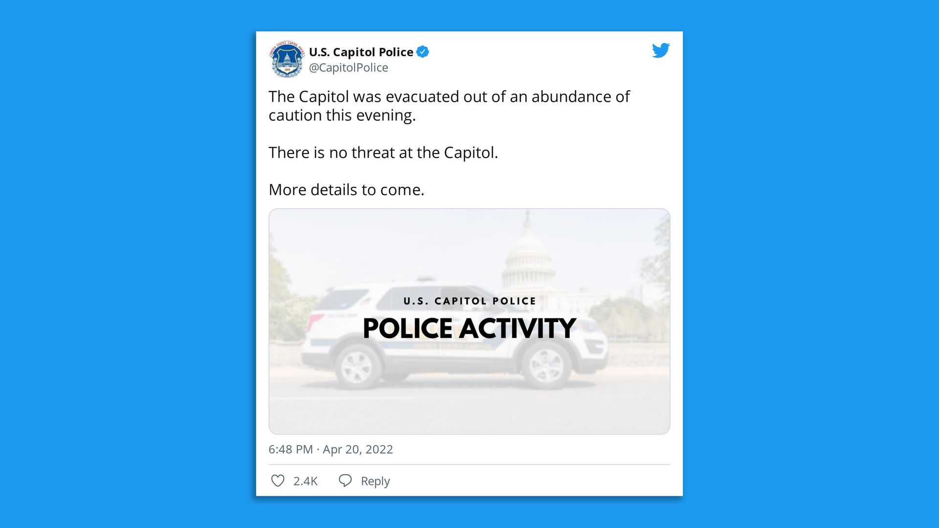 A tweet shows an alert from the U.S. Capitol Police.