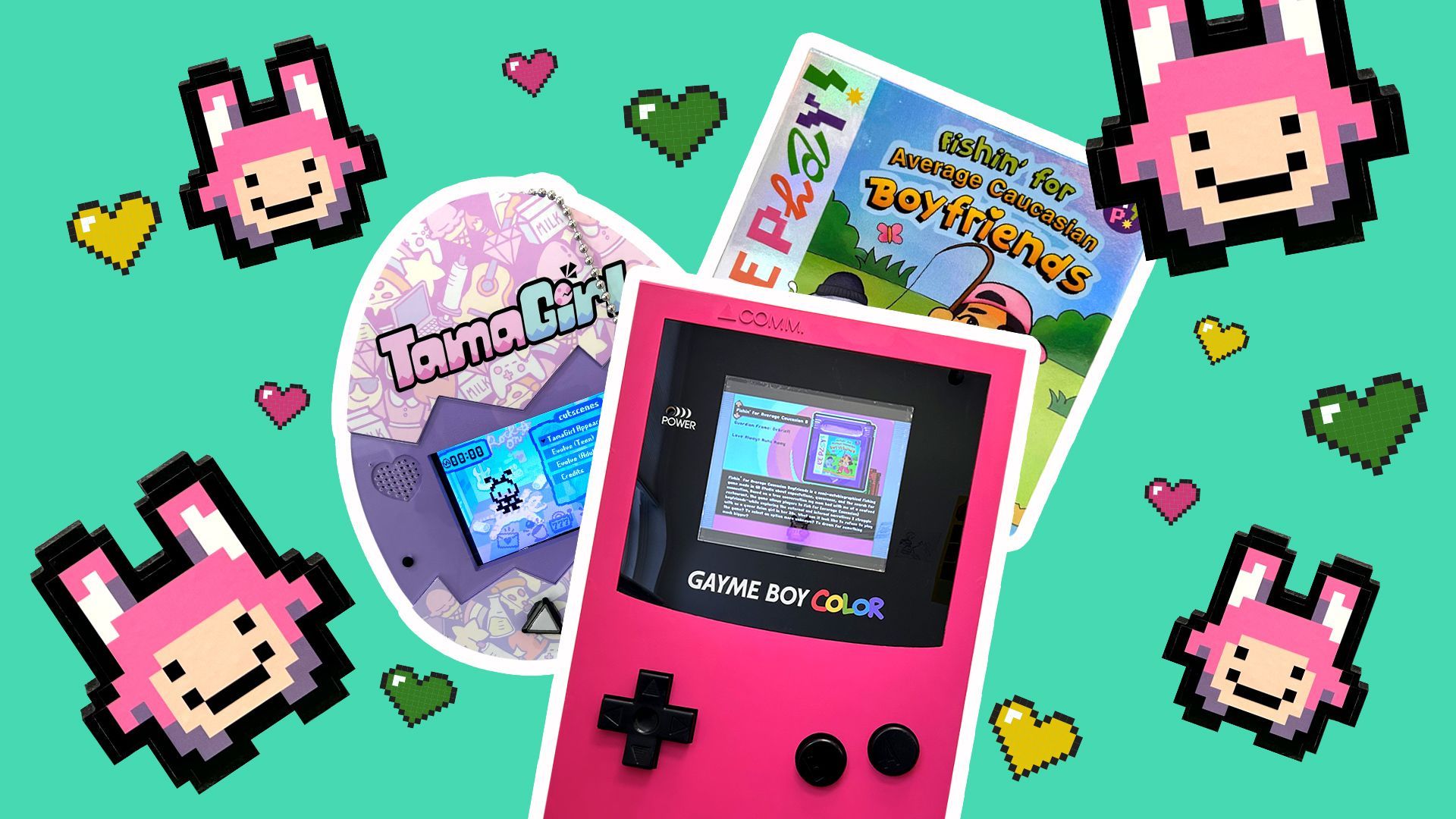 Illustrated collage of pixelated hearts and characters around a giant Game Boy Color, a "TamaGirl" and a close up of a video game box. 