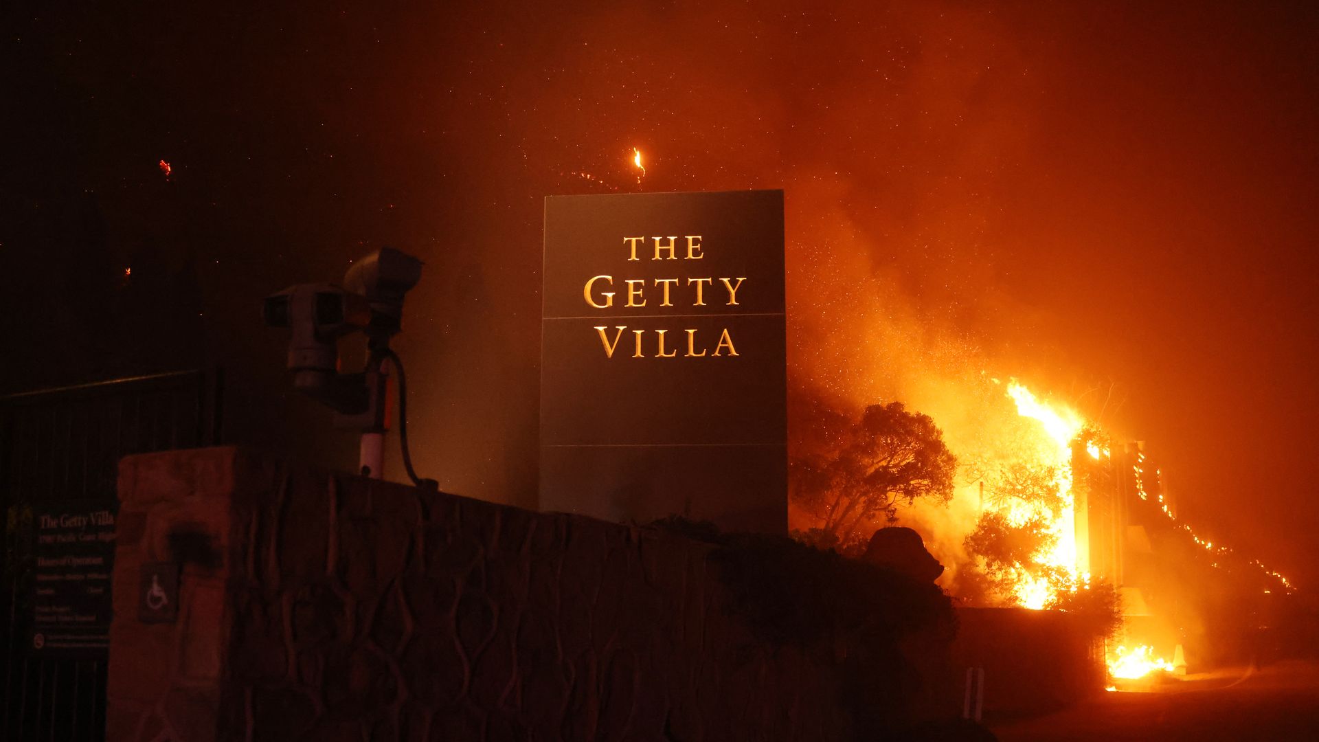 The Getty Villa art museum is threatened by the flames of the wind-driven Palisades Fire in Pacific Palisades, California, January 7, 2025. 