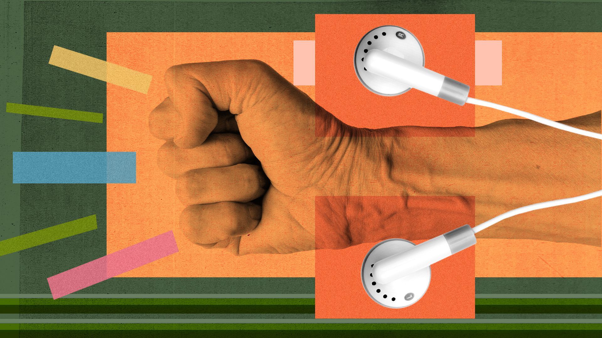 Illustration collage of a punching fist framed by Apple headphones and geometric shapes