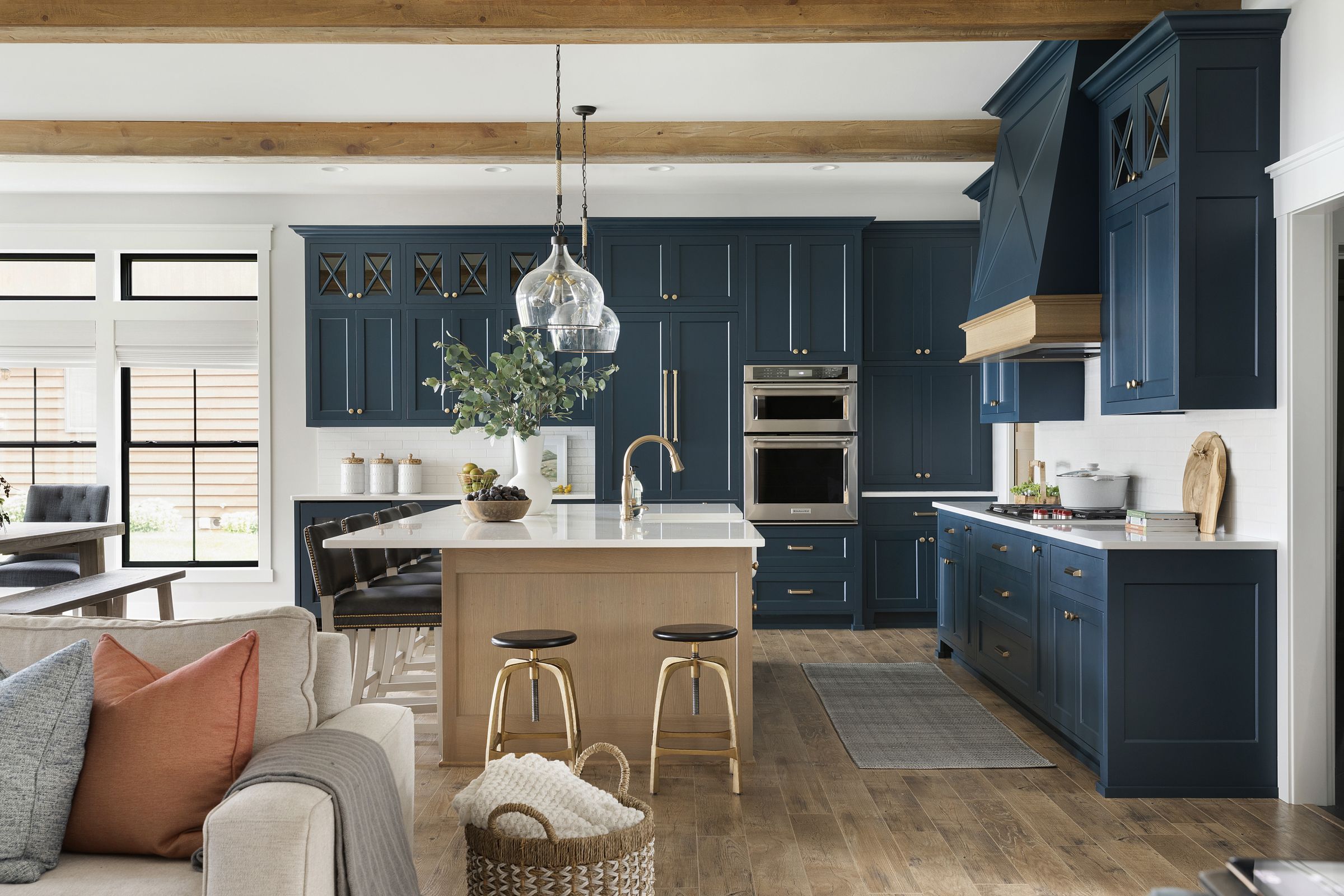blue kitchen with wood tones