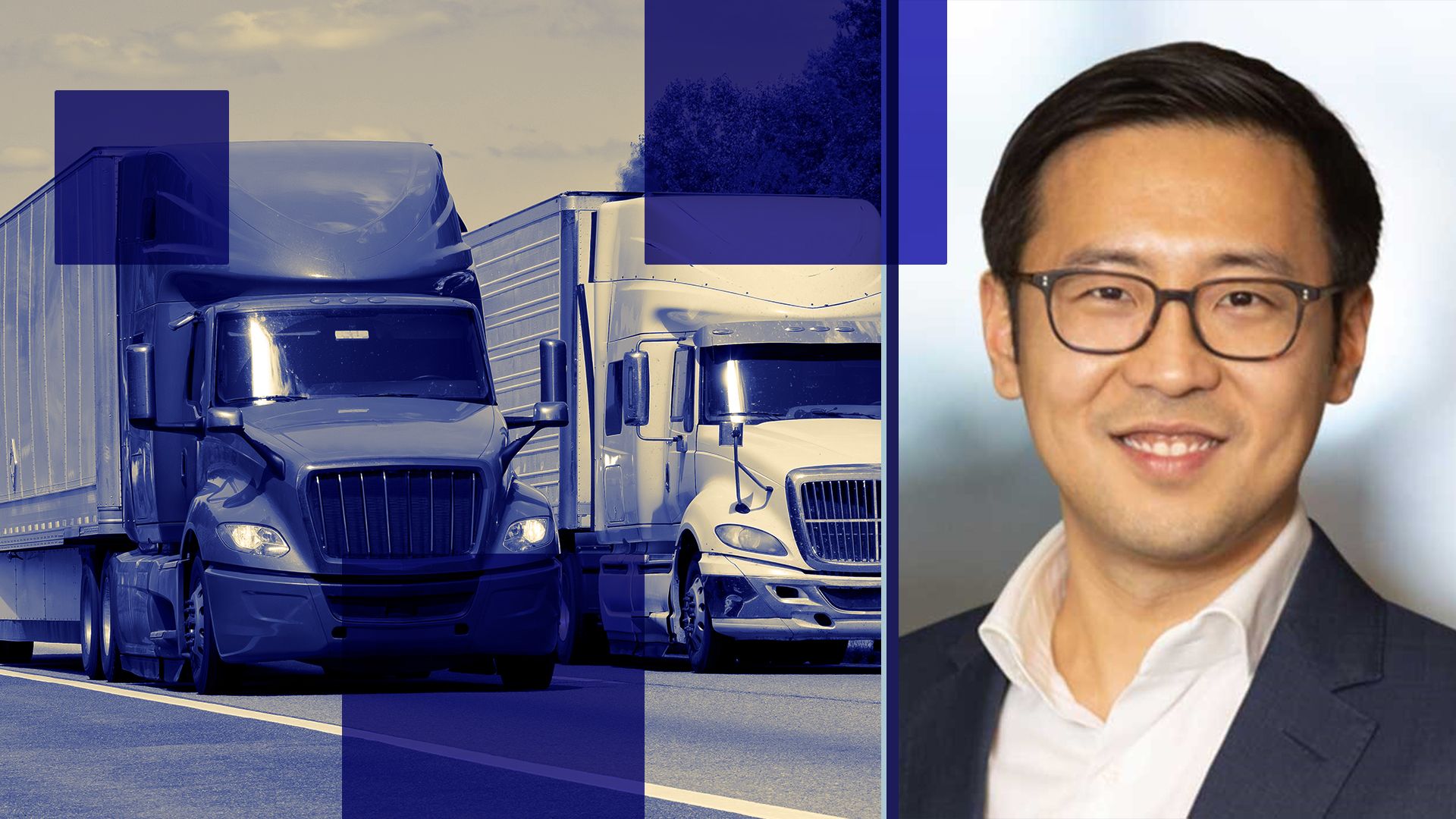 Photo illustration of Michael Wang and tractor-trailers.