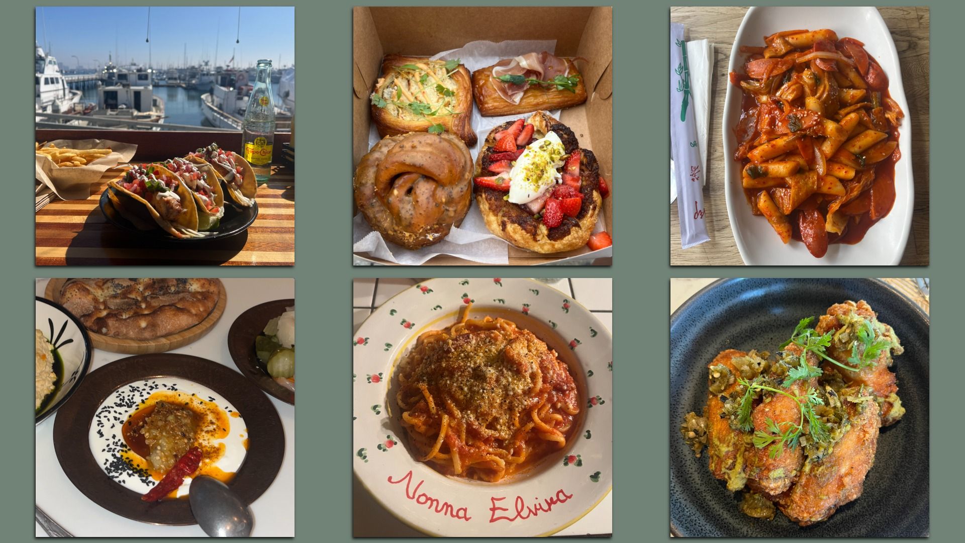 Collage of six food photos: fish tacos with fries by marina, assorted pastries, a plate of spicy rice cakes, Middle Eastern yogurt and eggplant dish with bread, spaghetti with tomato sauce on a decorated plate, fried chicken wings garnished with jalepeños and cilantro.