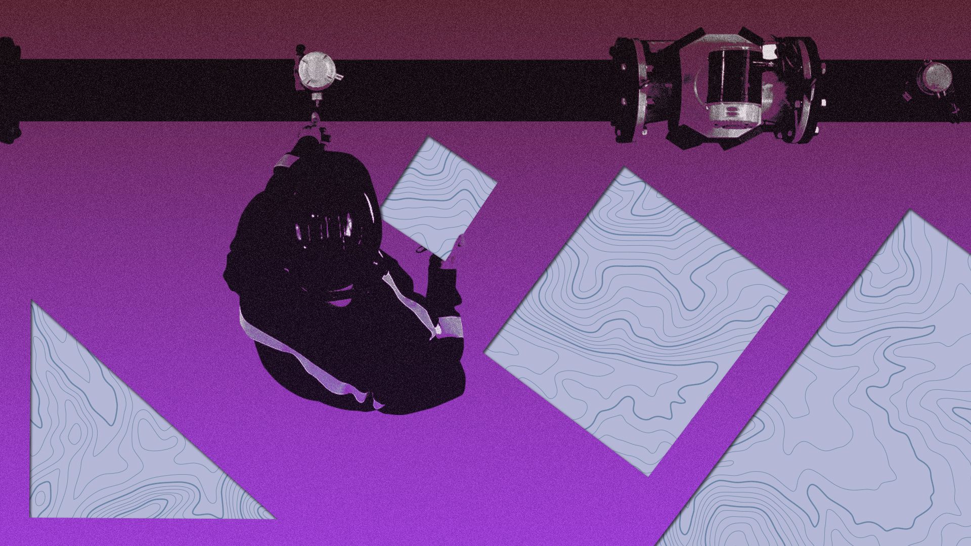 Illustration of a worker adjusting a pipeline surrounded by graphic shapes filled with contour line patterns.