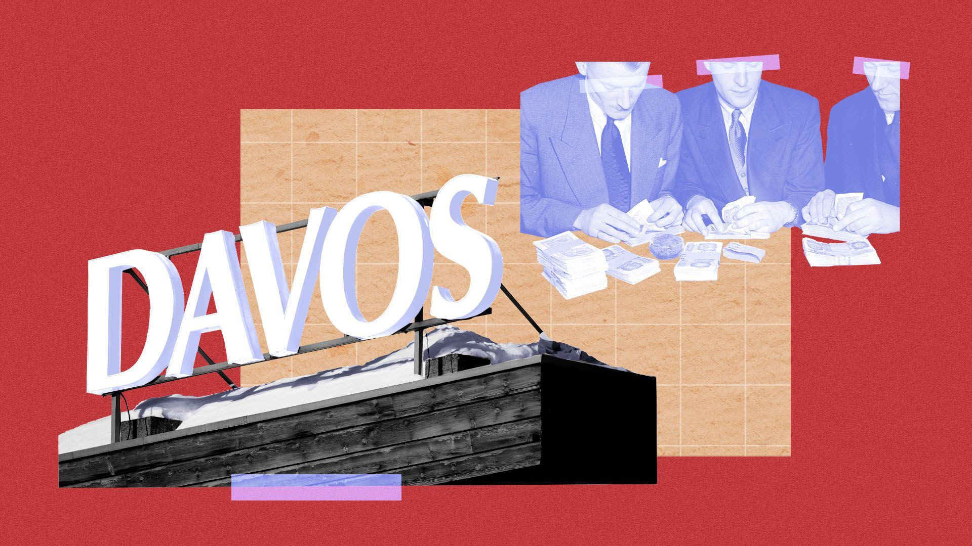 illustration of davos Photo Illustration: Sarah Grillo/Axios. Photos via Getty Images: Fabrice Coffrini/AFP and Harold Clements/Express