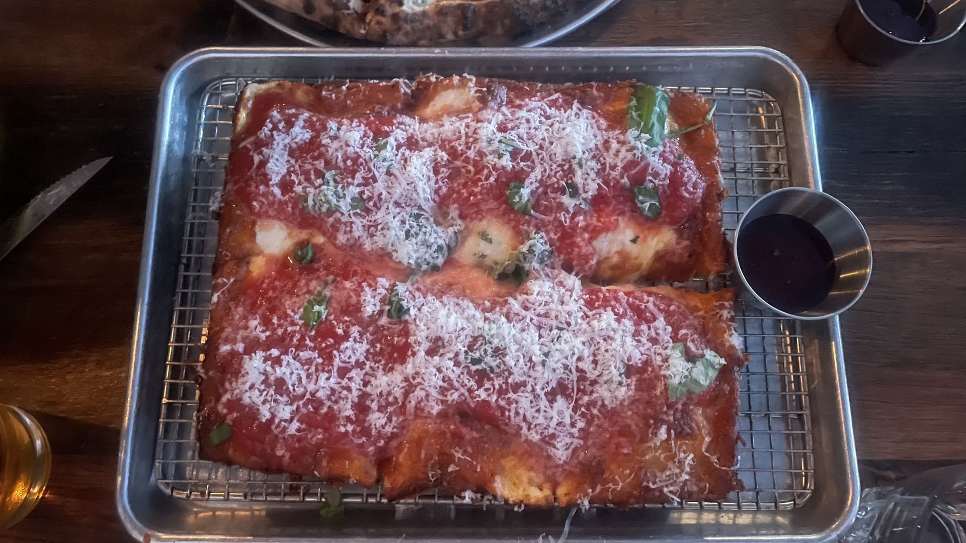 six slice Detroit-style deep dish pizza