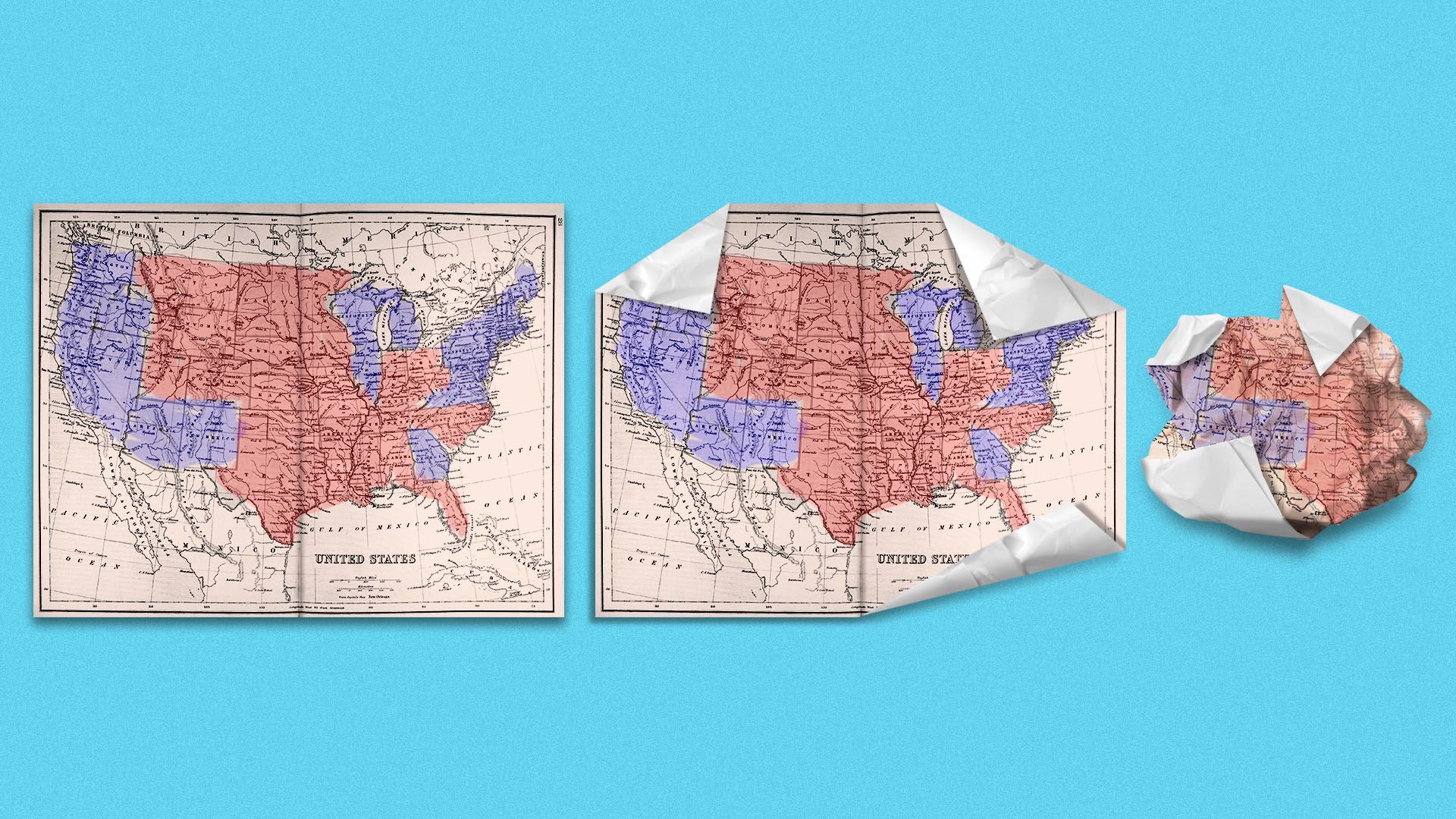 Illustration of a map of the United States in red and blue being crumpled into a ball