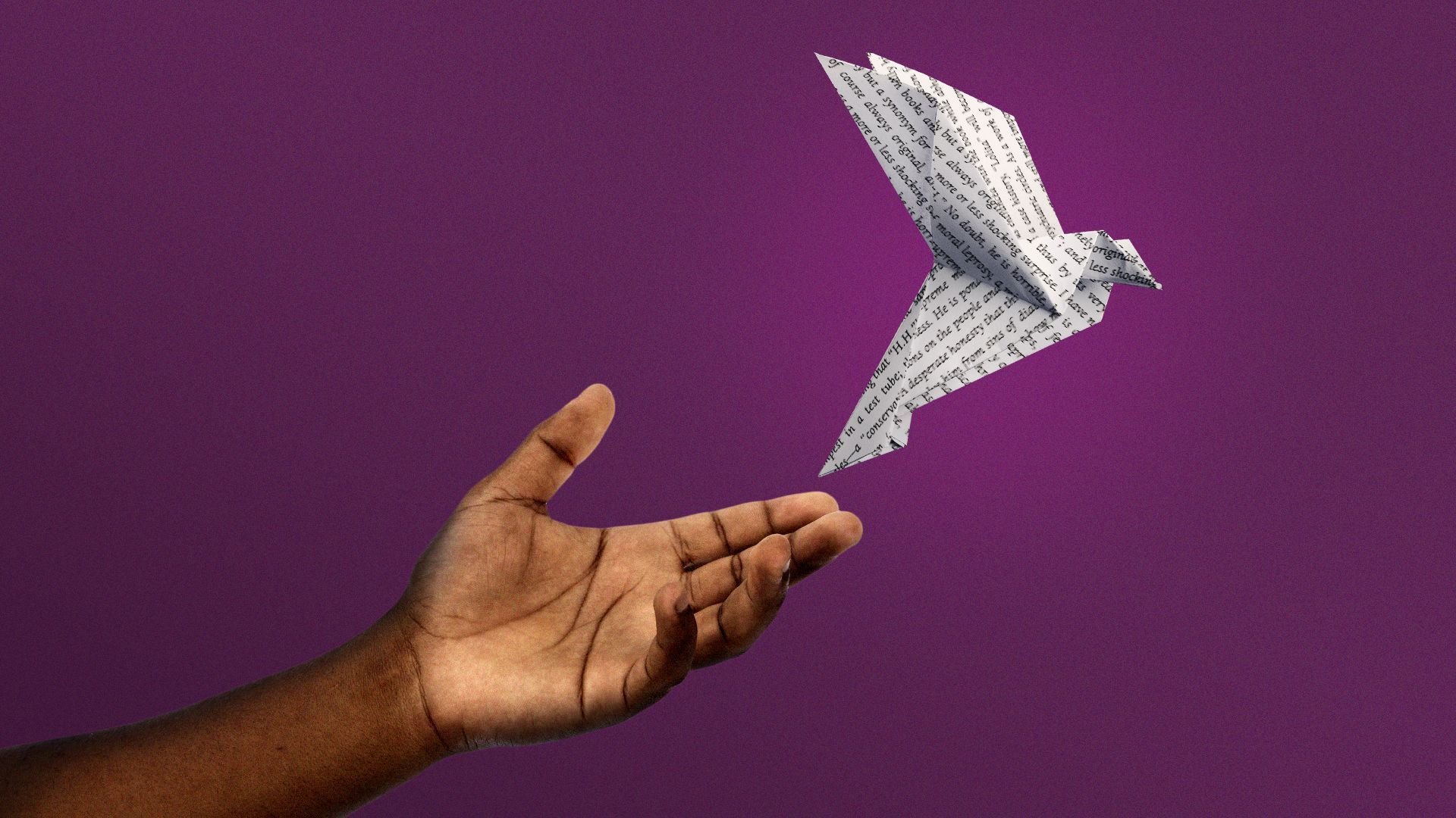 Illustration of a Black person's hand releasing an origami bird made out of pages from a book.