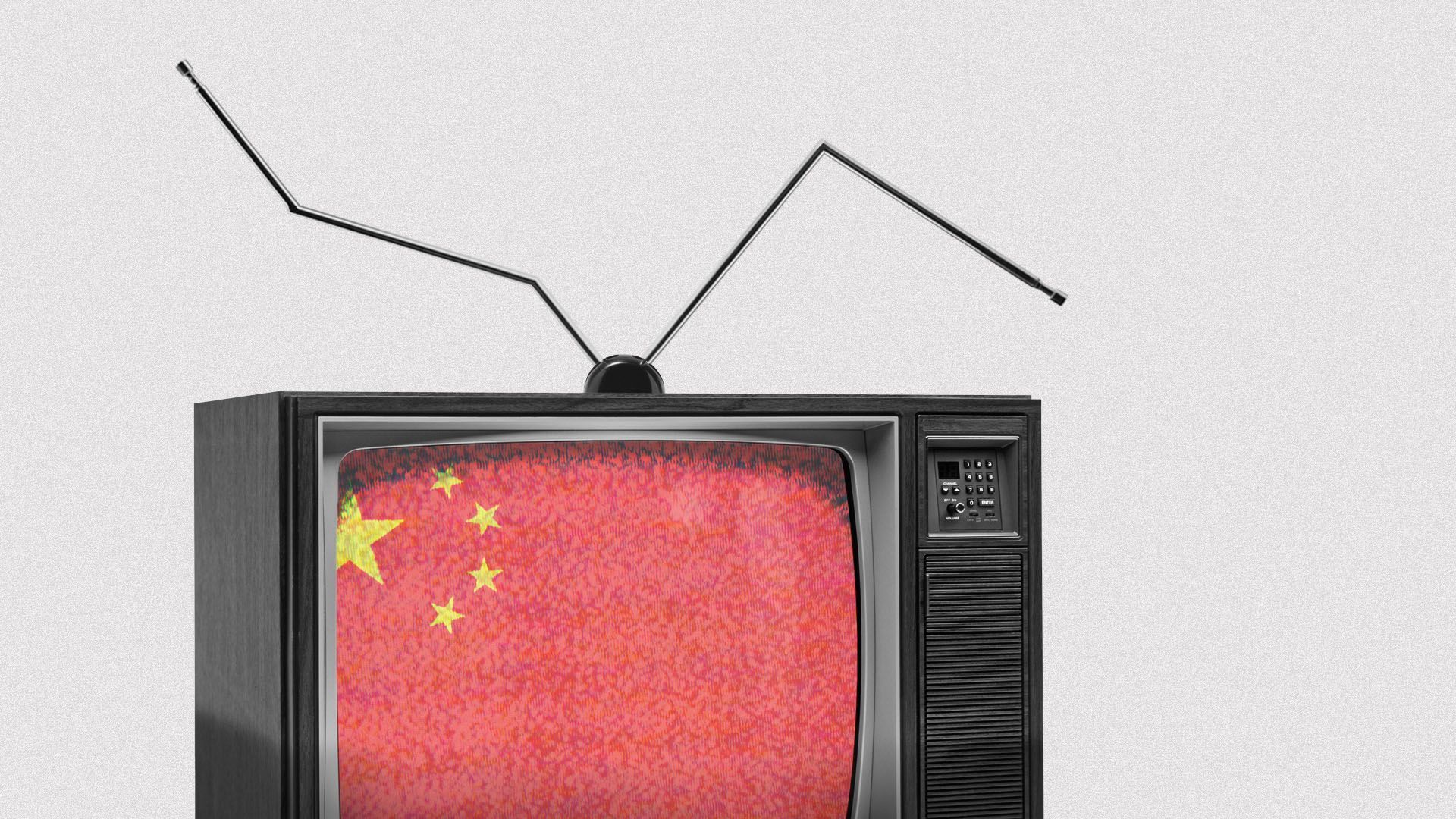 Illustration of a vintage television with bent antennae and a Chinese flag on the screen