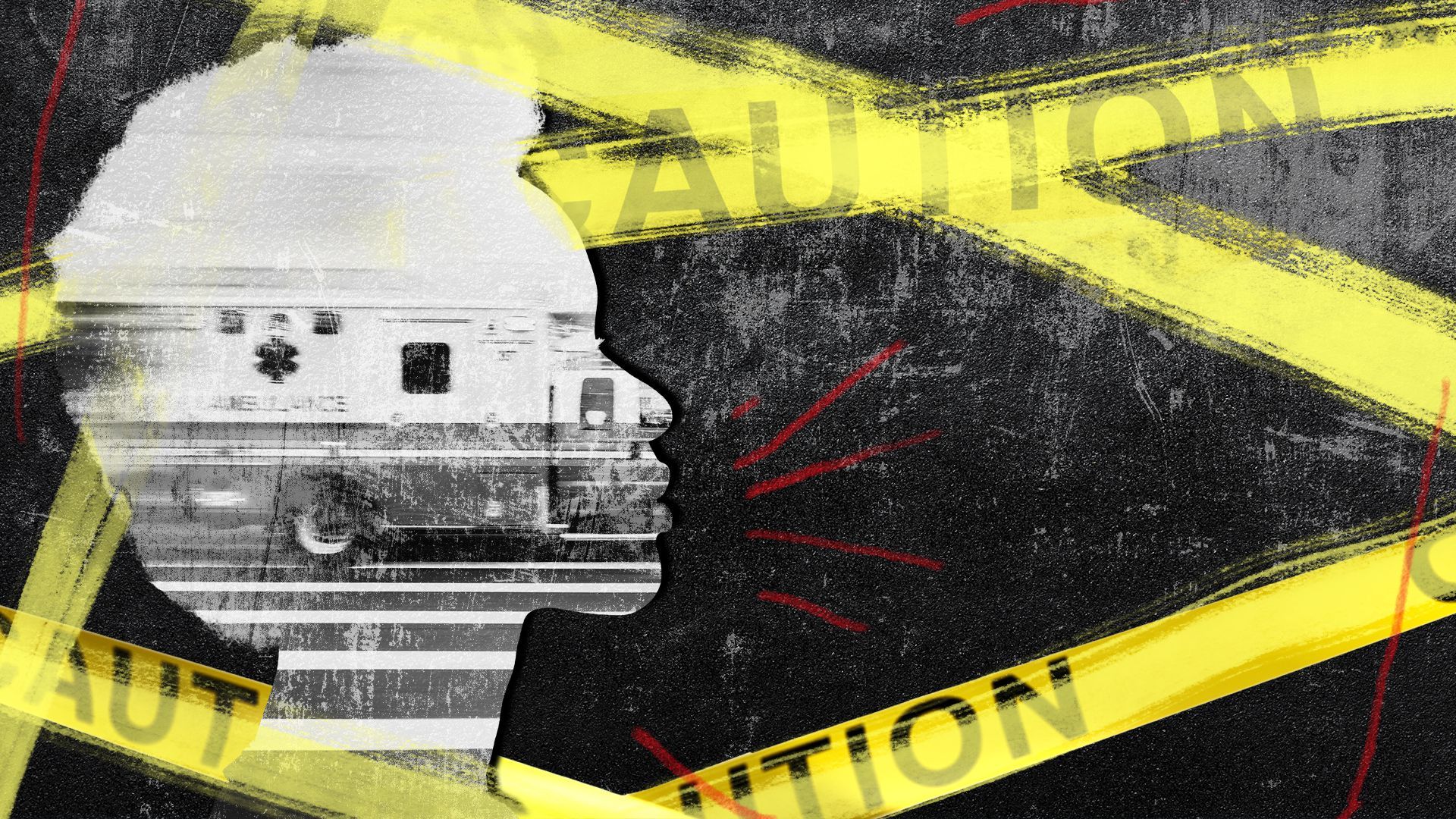Illustrated collage of a person’s silhouette with an ambulance and caution tape.
