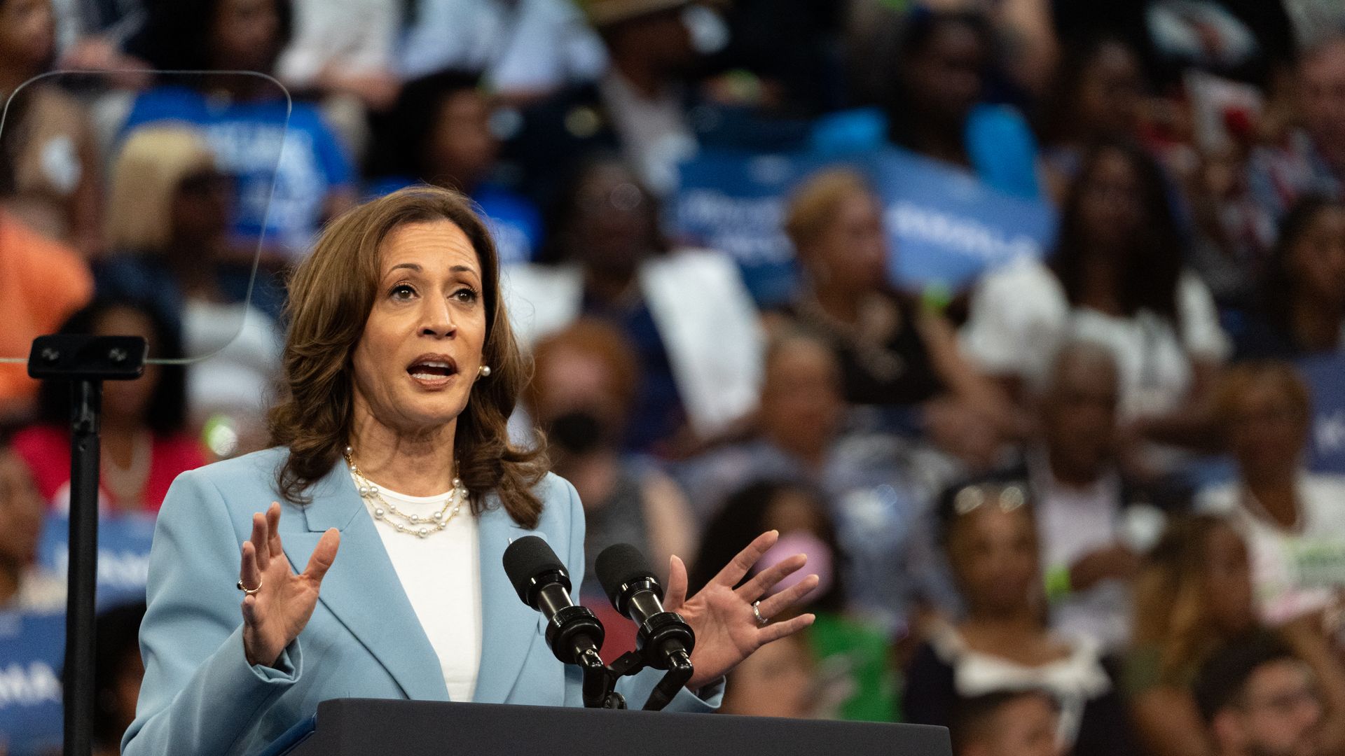 Democratic presidential candidate, U.S. Vice President Kamala Harris speaks at a campaign rally at the Georgia State Convocation Center on July 30, 2024 in Atlanta, Georgia.