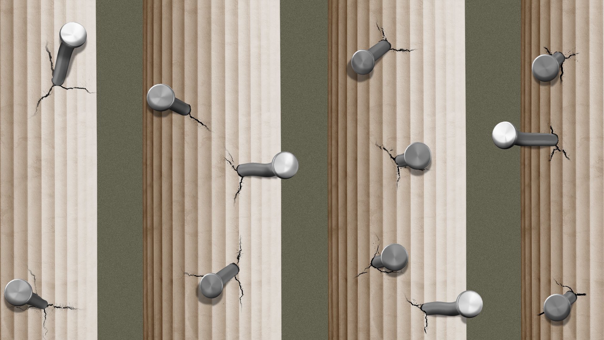 Illustration of a detailed image of columns covered in bent nails that have been forced into the marble. 