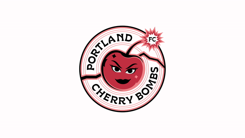 Animated gif of the Portland Cherry Bombs logo: a cherry looking side to side and then winking.