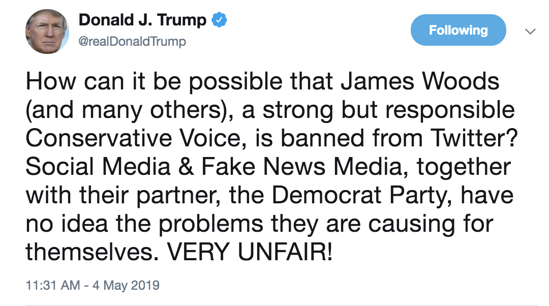 A tweet from President Trump criticizing Facebook and Twitter